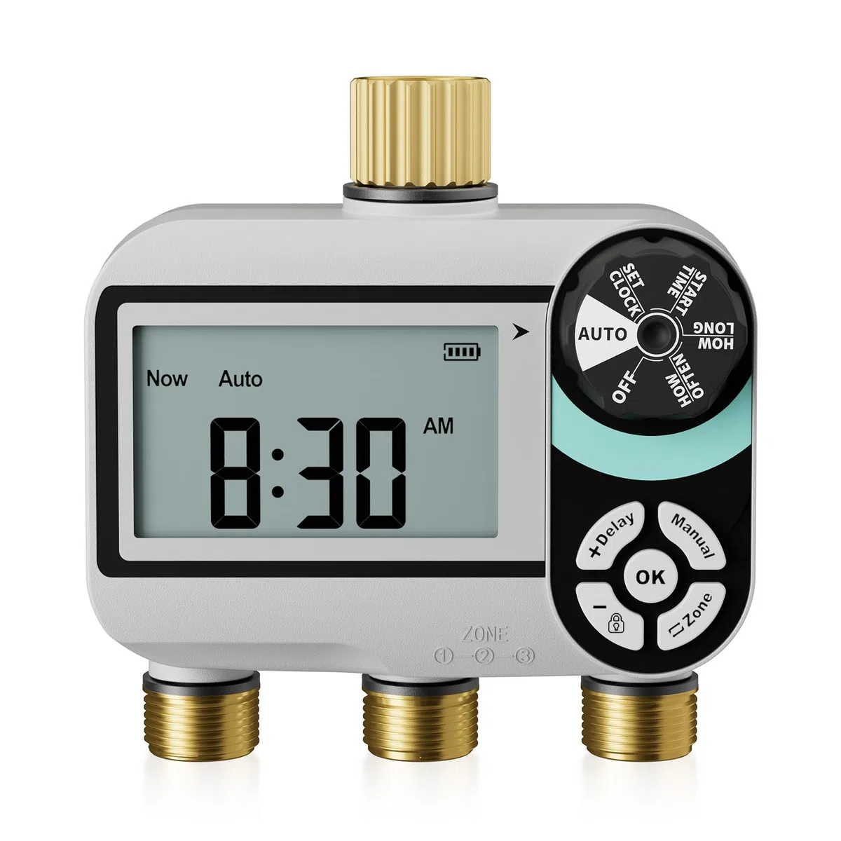 QUOBAS Timer per irrigatore per tubo da giardino, programmabile in ottone, timer digitale dell'acqua con blocco bambini, ritardo pioggia/auto/manuale, 3 modalità, grande schermo impermeabile