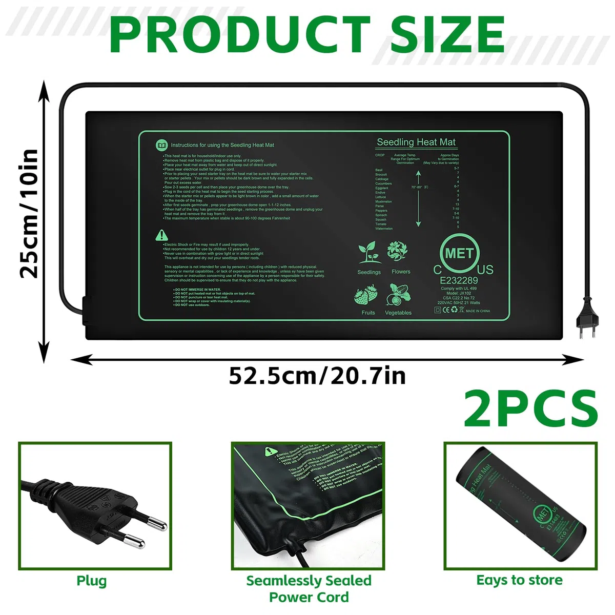 2 tappetini riscaldanti per piante, 25 cm x 52,5 cm, tappetino termico per piantine germinazione e animali domestici, 21 W, per riscaldamento a temperatura, per piantine, animali domestici e rettili