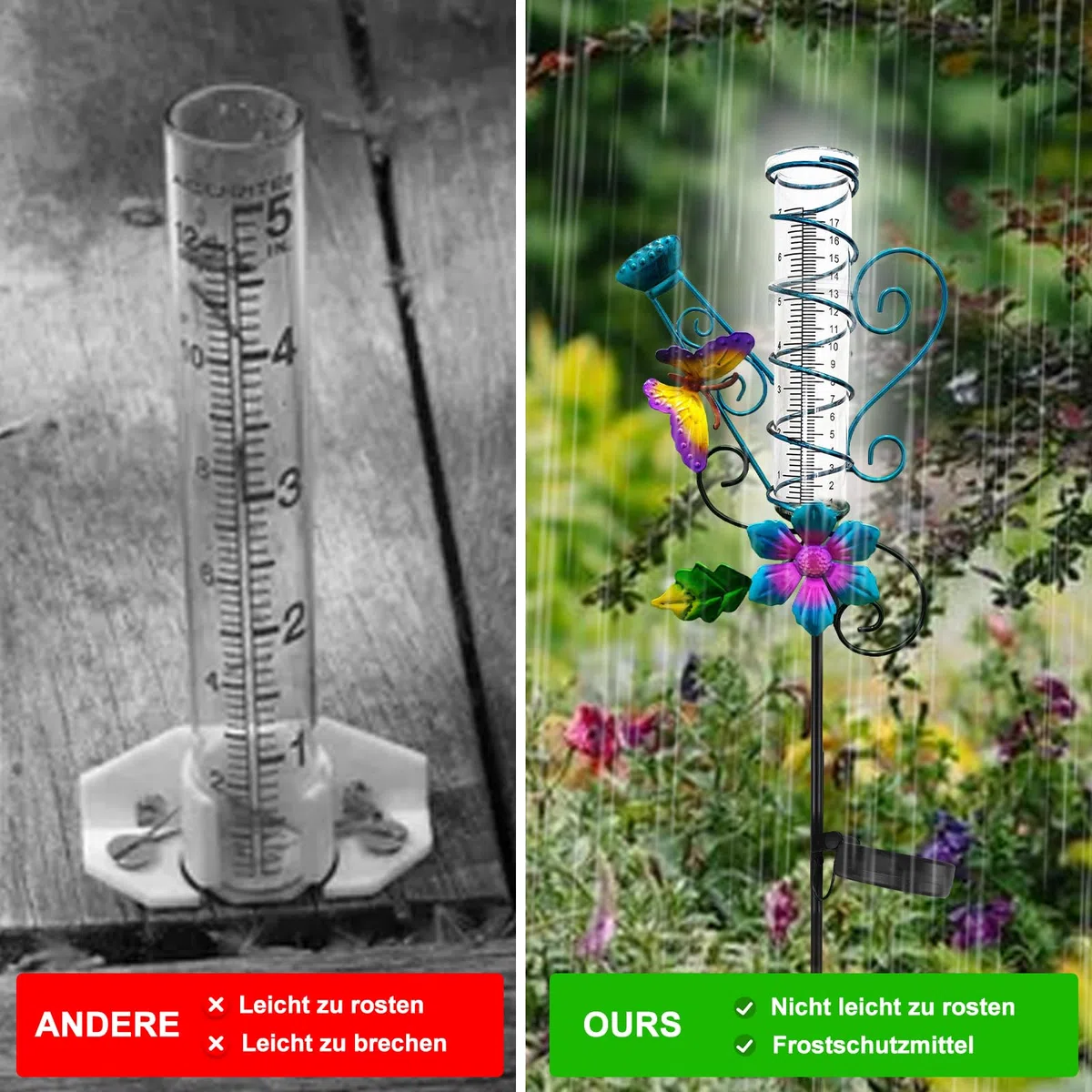 HOSPAOP Pluviometro solare da giardino con LED e picchetto – Vetro resistente al gelo, misurazione precisa delle precipitazioni per prato, terrazza, campi, patio, decorazione per esterni