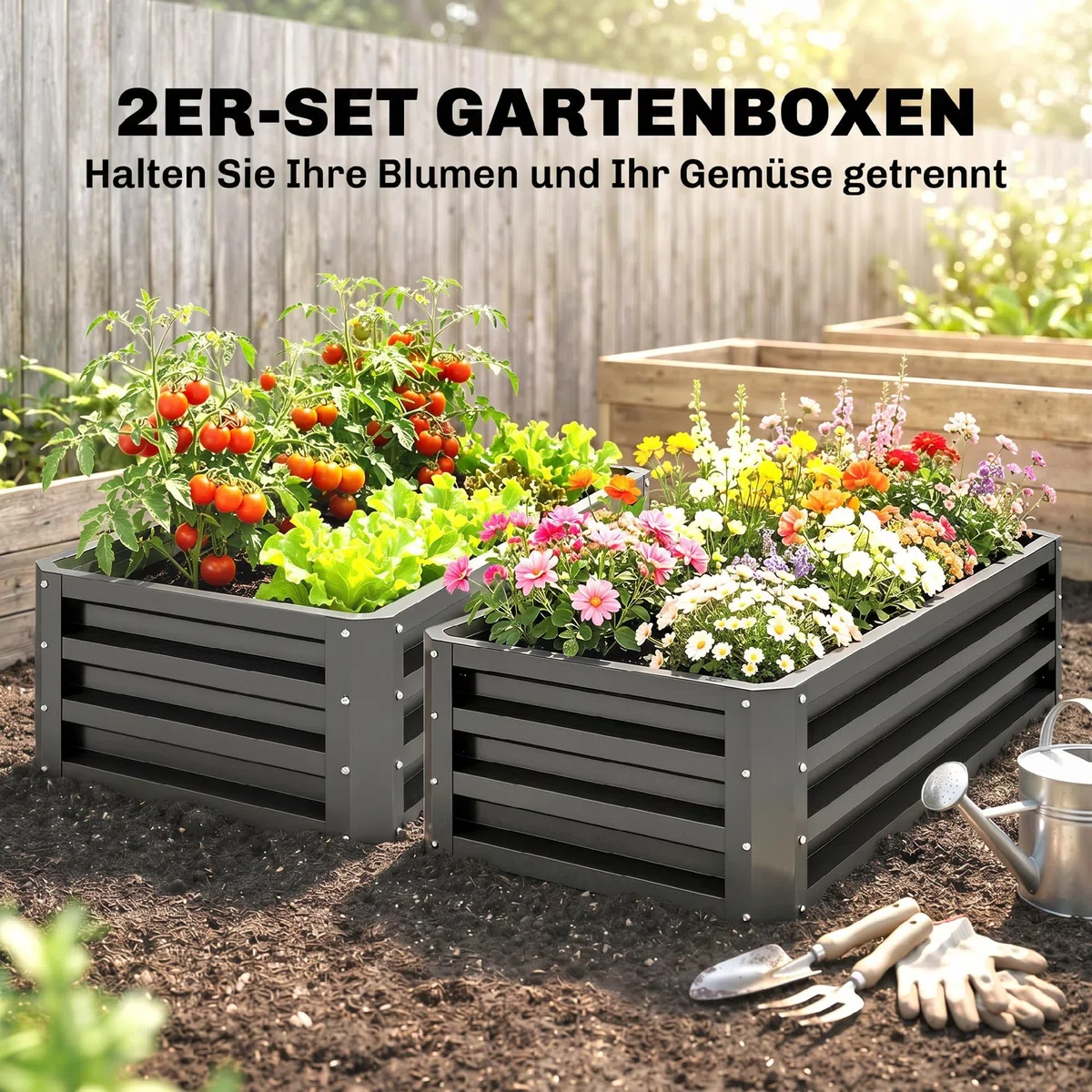 Outsunny Set di 2 aiuole rialzate, 110 x 50 x 30 cm, grigio scuro | Cassetta da giardino esterna, telaio in acciaio zincato, per ortaggi, fiori ed erbe aromatiche