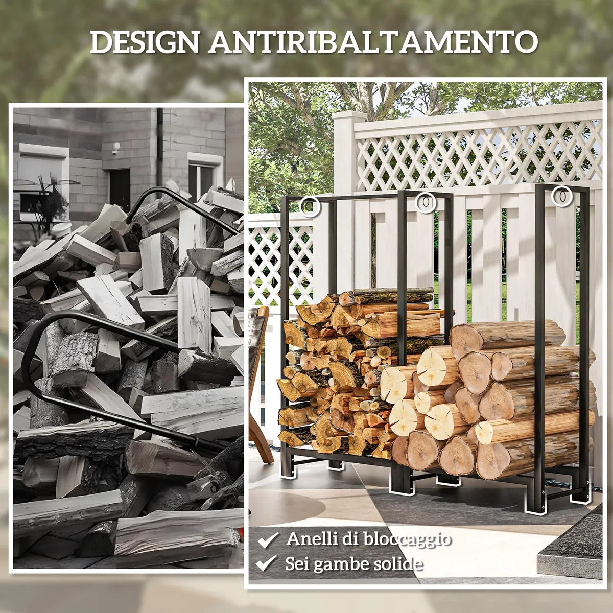 Outsunny Portalegna da Esterno a 2 Sezioni, Portalegna per Camino con 6 Gambe e 3 Anelli, 123x32x115 cm, Nero