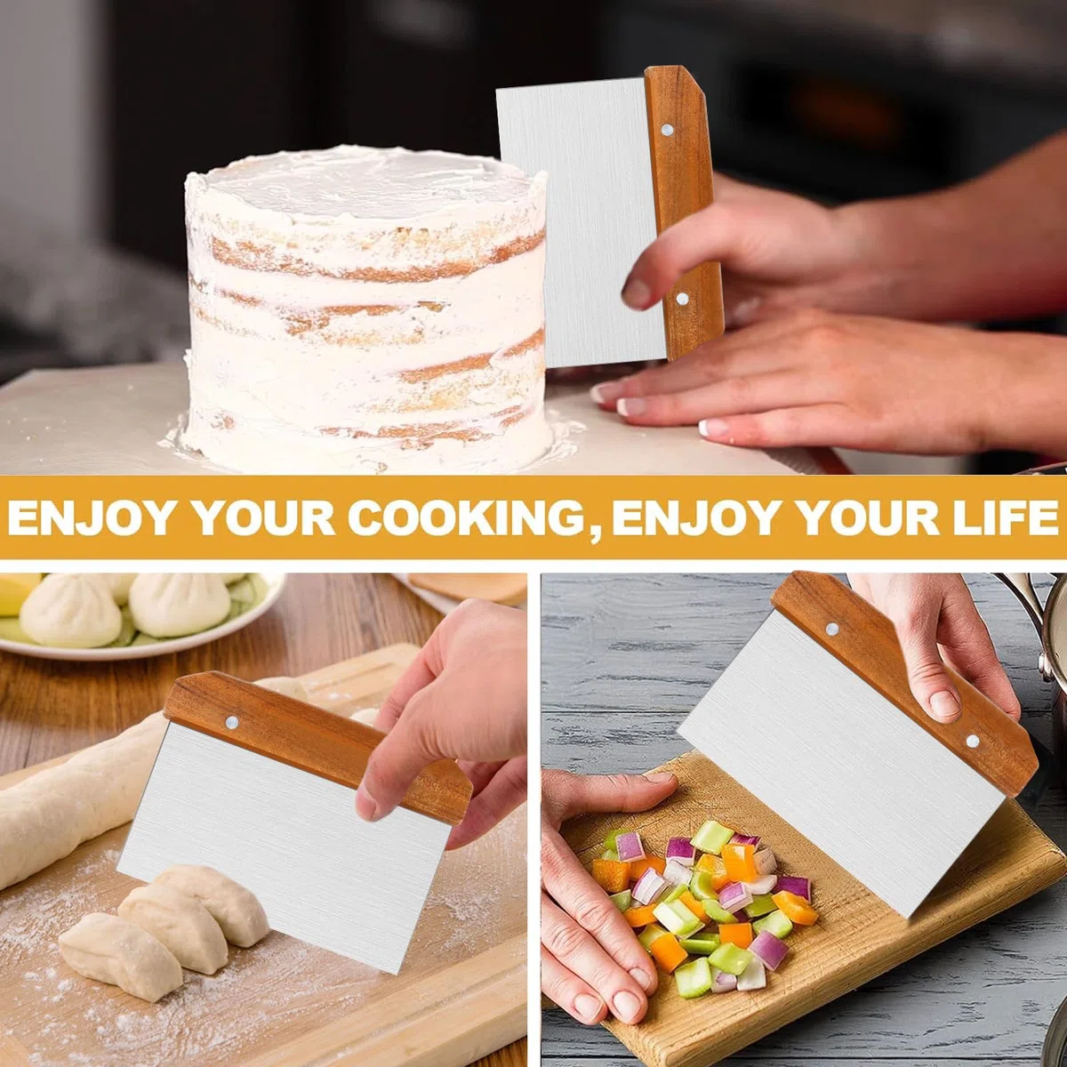 Set di 6 Spatola in Acciaio Inossidabile, Cucina Palette per Barbecue, Manici in Legno Isolanti Antiscivolo Spatole per Utensili per Grigliate in Ghisa Piatti