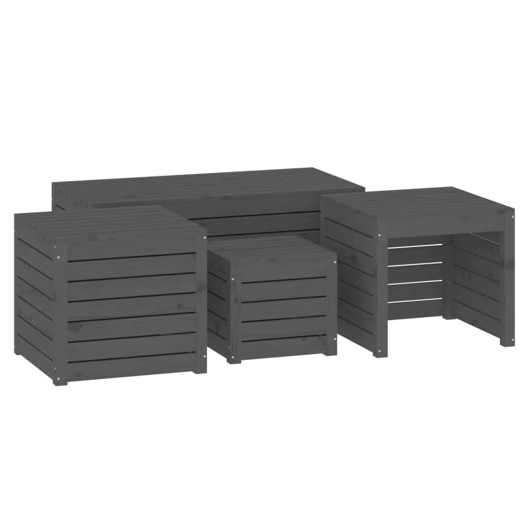 Set di 4 scatole da giardino in legno di pino massiccio grigio, contenitore esterno con coperchio per giocattoli e attrezzi, grande capacità di stoccaggio per cuscini