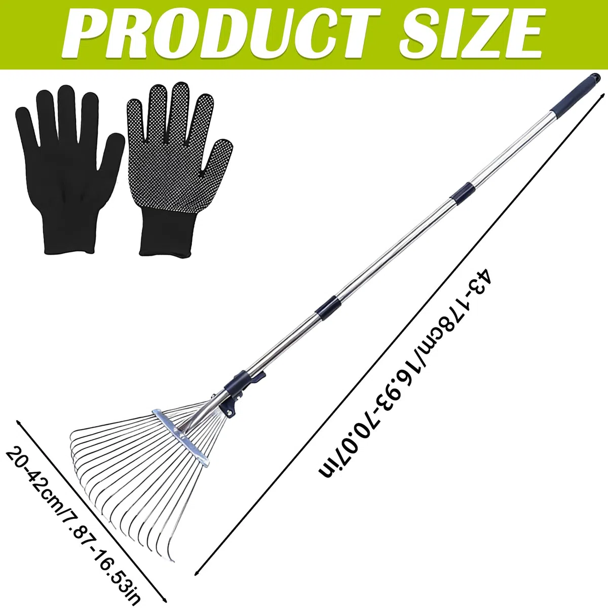 Frusta per fogliame, con asta in metallo regolabile da 207 cm, rinforzata, 18 denti e guanti, rastrello da giardino, rastrello per foglie, rotture in metallo, per la pulizia di piante, prati e cortili