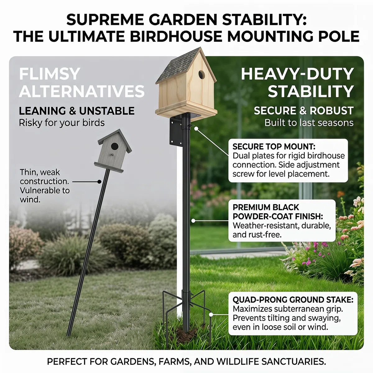 Set di supporto per asta per mangiatoia per uccelli, in metallo, universale, con base a 5 punte, per giardino, balcone, esterno, cortile (193 cm)