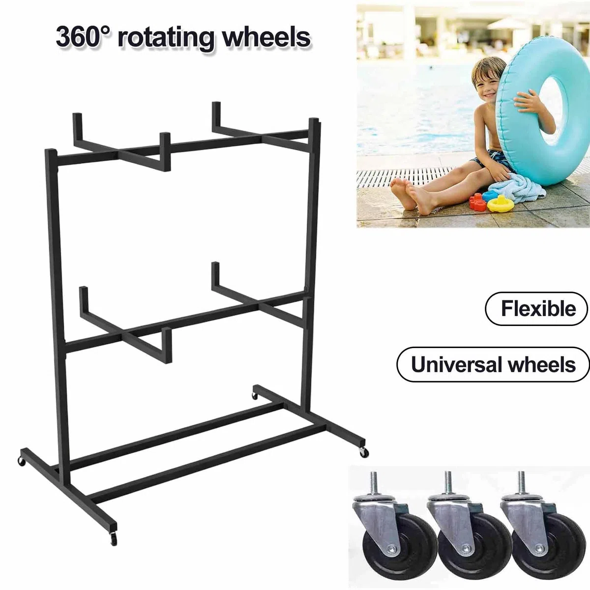 Supporto a 2 livelli per galleggianti da piscina, organizer esterno per bordo piscina, organizer con ruote e barra trasversale, adatto per attrezzature e accessori nuoto