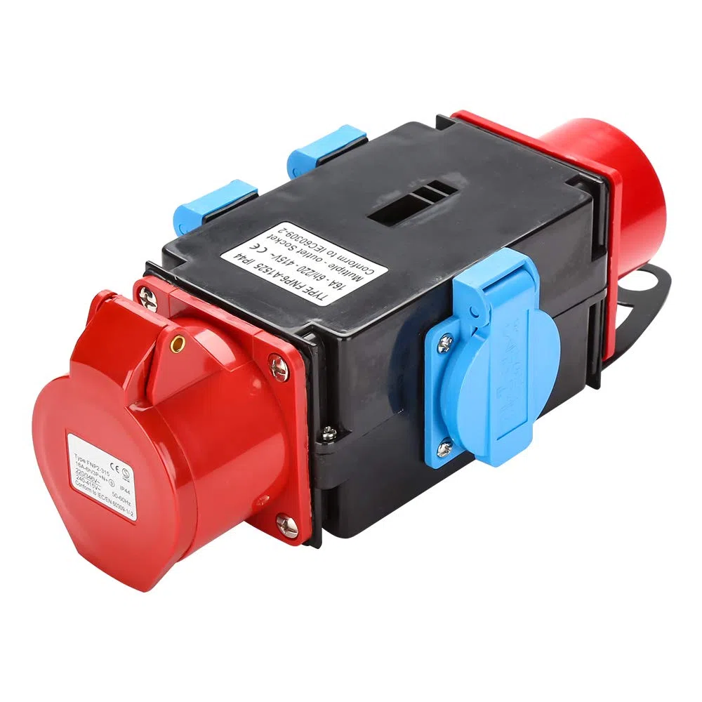Randaco Distributore di corrente ad alta corrente, CEE, 400 V/16 A+3 x 230 V, presa di contatto, distributore di corrente industriale a 5 pin, IP44, con tappo di sicurezza per cantiere