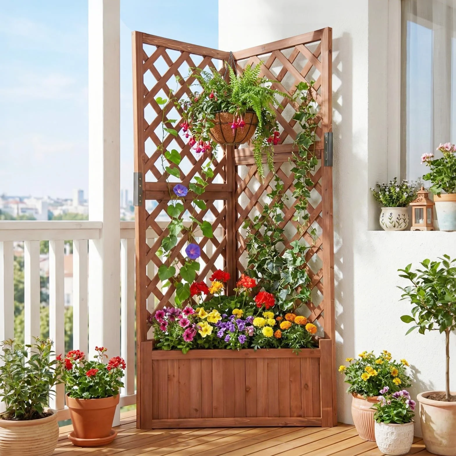 COSTWAY Letto da Giardino Rialzato ad Angolo con Traliccio e Fori di Drenaggio, Fioriera in Legno Elevata per Piante Rampicanti, Fiori e Verdure, Ideale per Interno ed Esterno (Marrone)