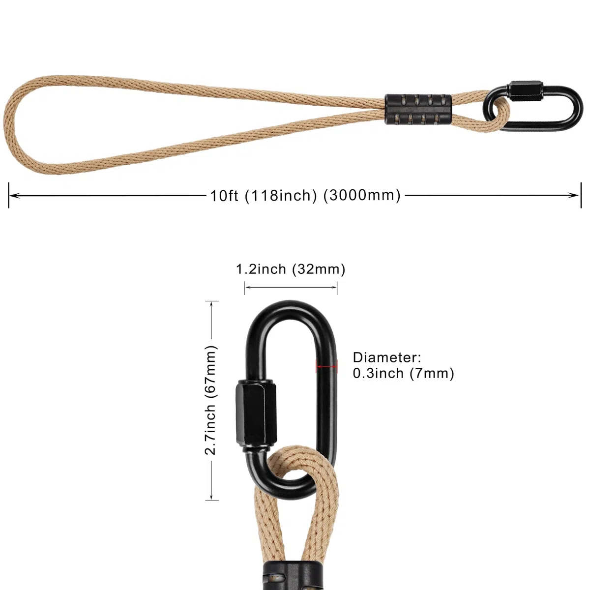 BeneLabel Amaca Albero Altalena Corda Appesa con Moschettone, 3M Cinghia Sospensione Stringa in Poliestereo Accessori Parco Giochi Sedia ad All'Aperto, Fino 2500 libbre, Diametro 10mm, Bianco Sporco