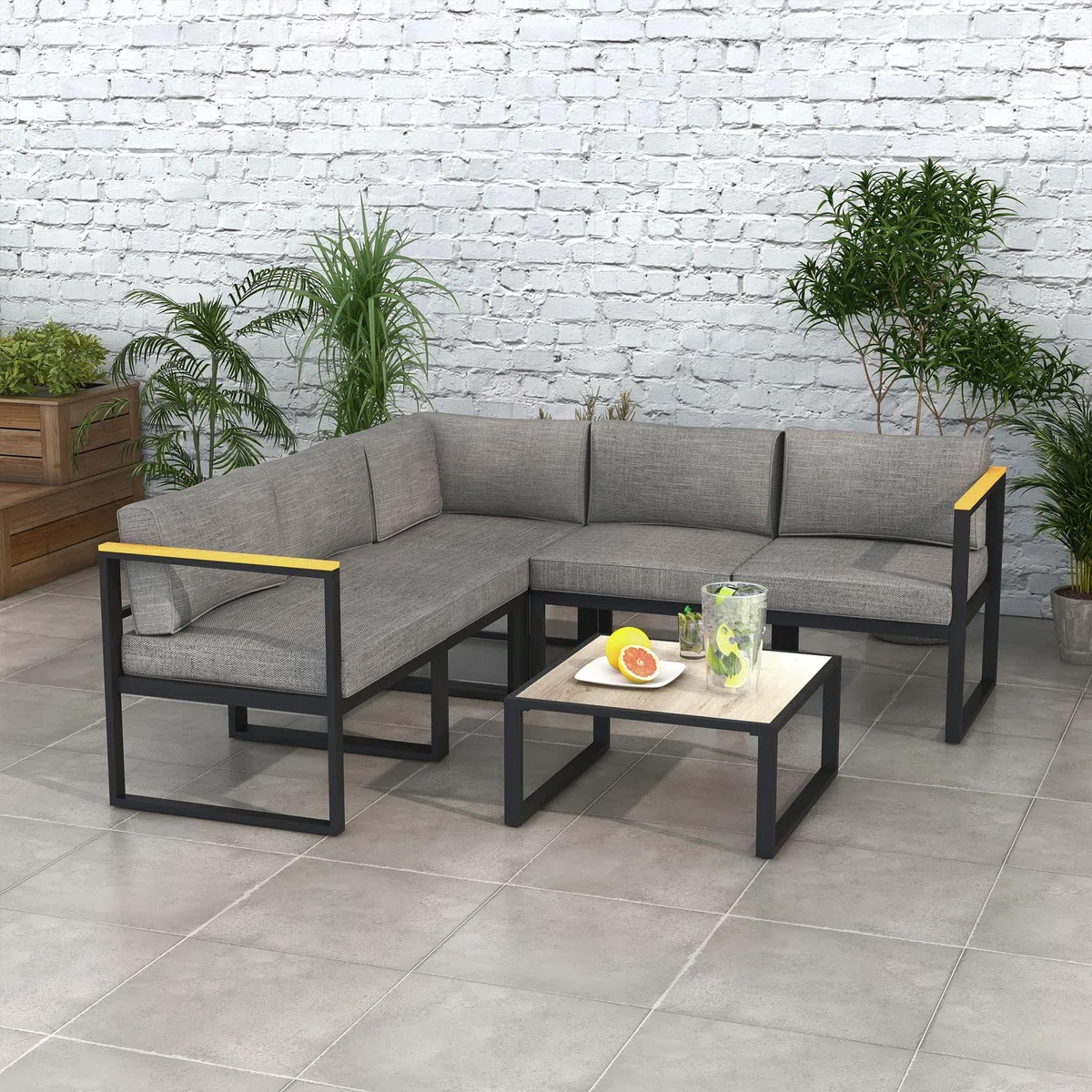 Outsunny Salotto da Giardino con Divano e Tavolino, Set 6 Pezzi in Alluminio con Cuscini Imbottiti, Tavolino con Piano Effetto Legno, Grigio