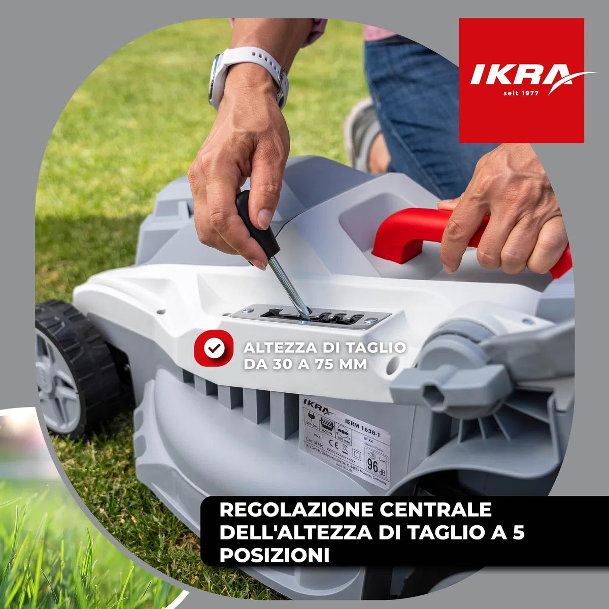 IKRA tosaerba elettrico IERM 1638-1, 1600 W, larghezza di taglio 38 cm | Altezza di taglio su 5 posizioni (30-75mm), manico regolabile in altezza, sacco 42l, kit mulching, lama in metallo temprato