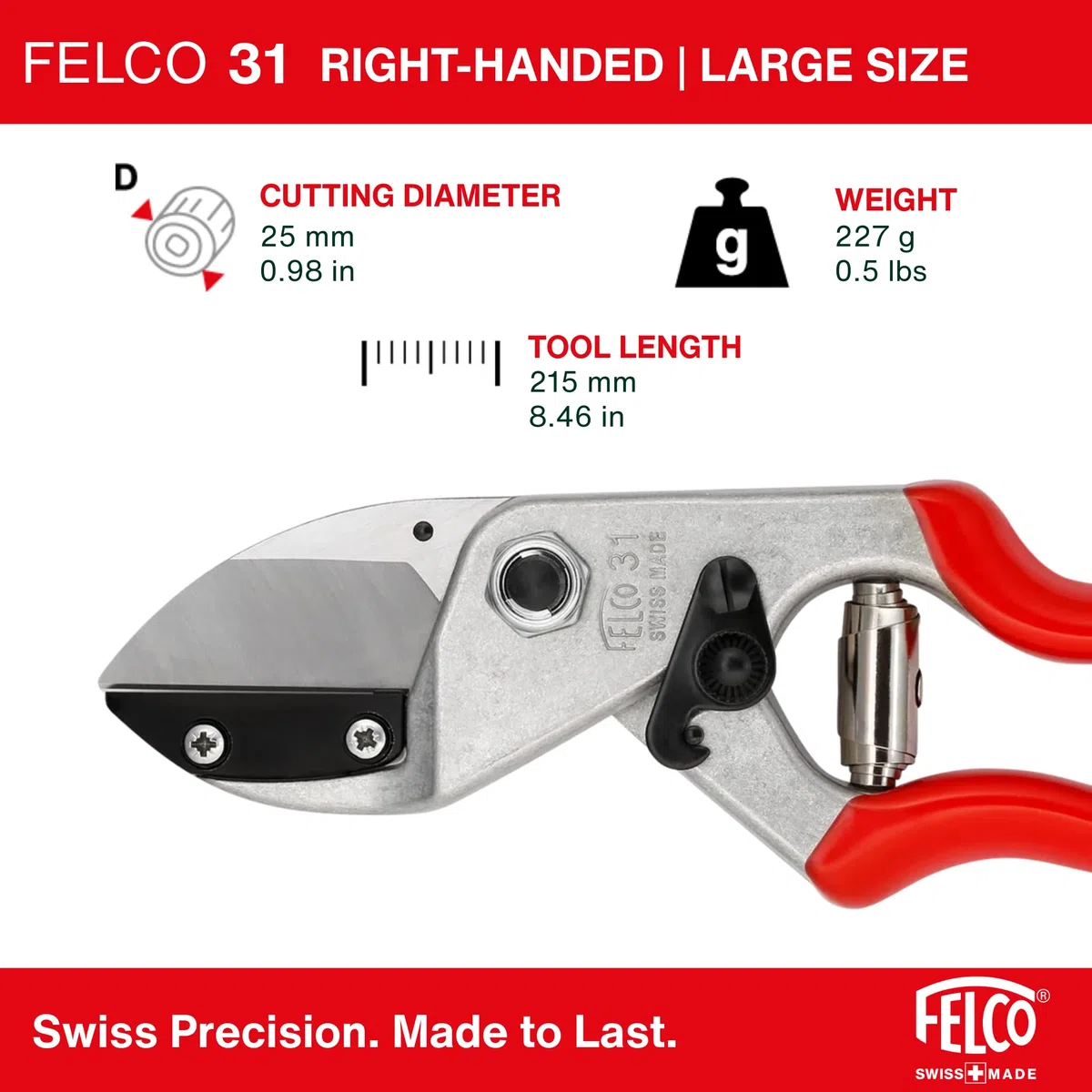 FELCO 31 Cesoia a Incudine, Mano Destra e Sinistra, Mano Grande, Capacità di Taglio 25mm, Legno Duro e Secco, Lama Dritta Bisellata, Made in Switzerland, Garanzia a Vita