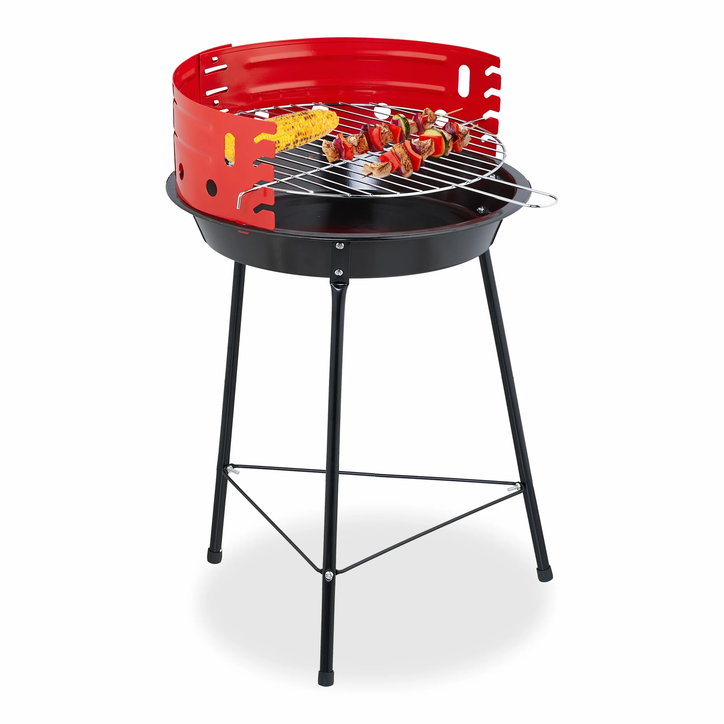 Relaxdays Barbecue a Carbonella con Paravento, Ø 37 cm, Grill a Carbone da Esterno, Giardino e Campeggio, Nero Rosso