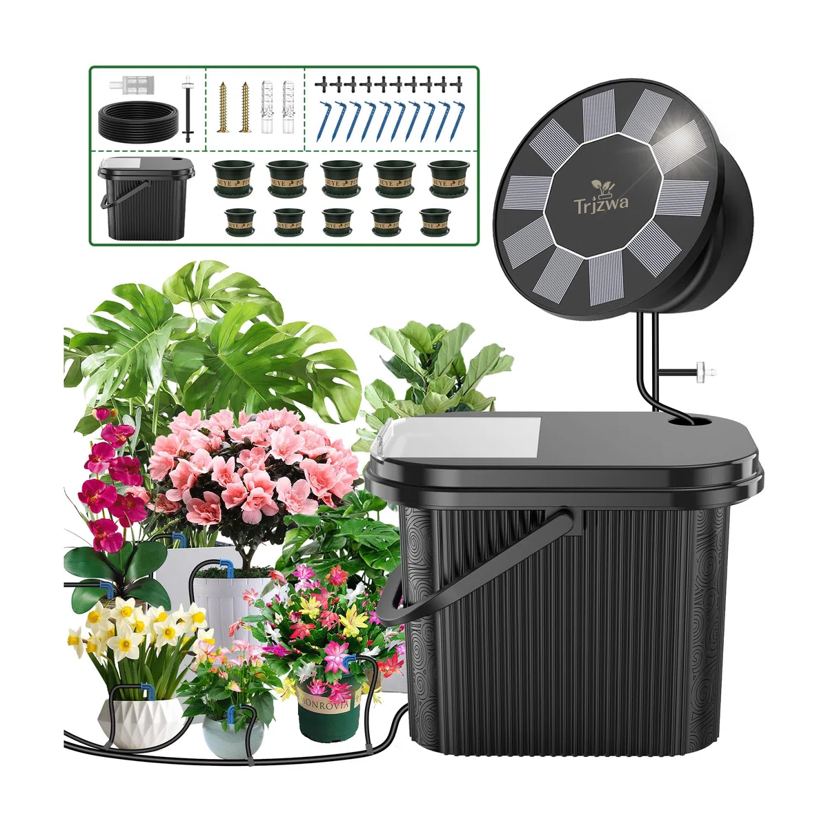Sistema di Irrigazione Solare con Serbatoio Integrato per Piante | Kit con Timer Programmabile, Serbatoio Esterno e 5 Fioriere Grandi + 5 Piccole Incluse per Balcone e Piante in Vaso, Balcone