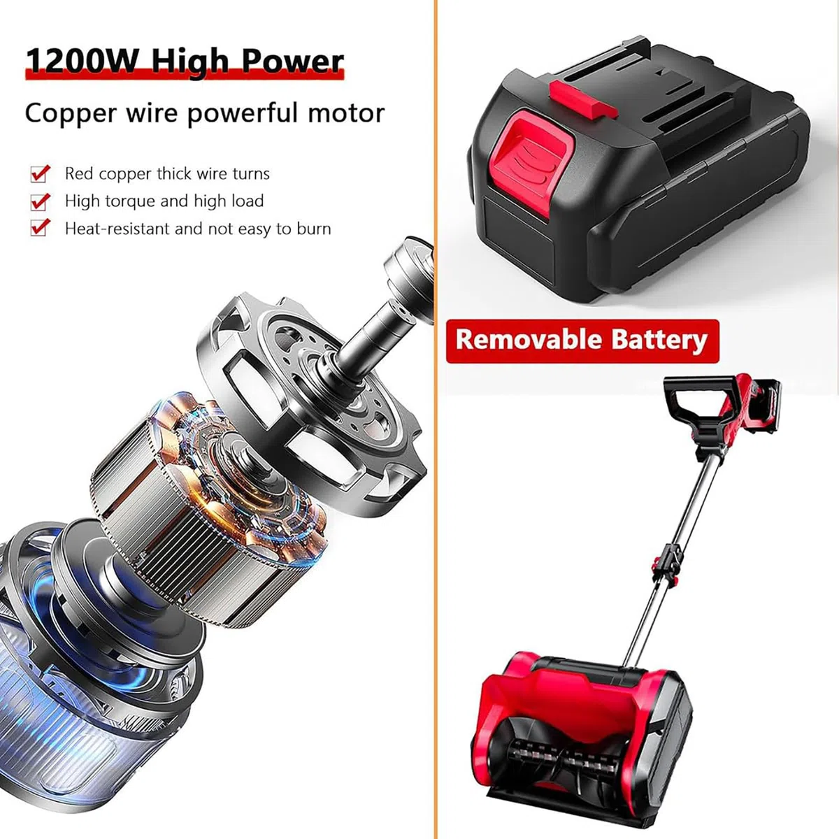 Spazzaneve elettrico senza fili, 1200 W, pala da neve portatile con 2 batterie e caricabatterie, asta telescopica 93-125 cm, distanza di lancio 8 m, per patio e fattoria