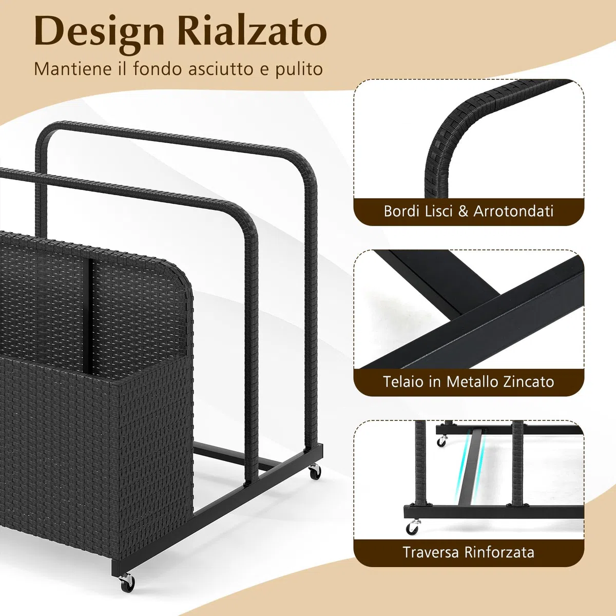 COSTWAY Carrello Archiviazione per Piscina in Rattan PE, Contenitore Esterno Impermeabile con 2 Portasciugamani e 4 Ruote, Portacoperte Giardino per Boe, Salvagenti, Cuscini e Asciugamani (Nero)