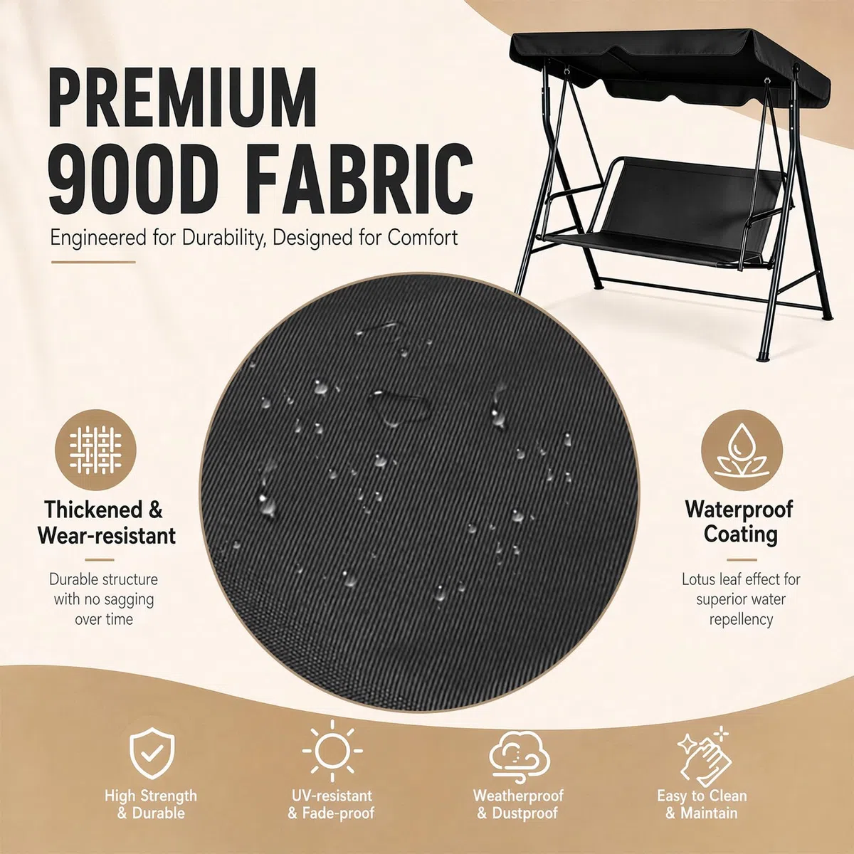 Fodera di ricambio per seduta di dondolo Hollywood, coprisedile per altalena da giardino, tessuto Oxford 900D impermeabile e antistrappo, fodera per dondolo da 2 e 3 posti 115 x 48 x 48 cm