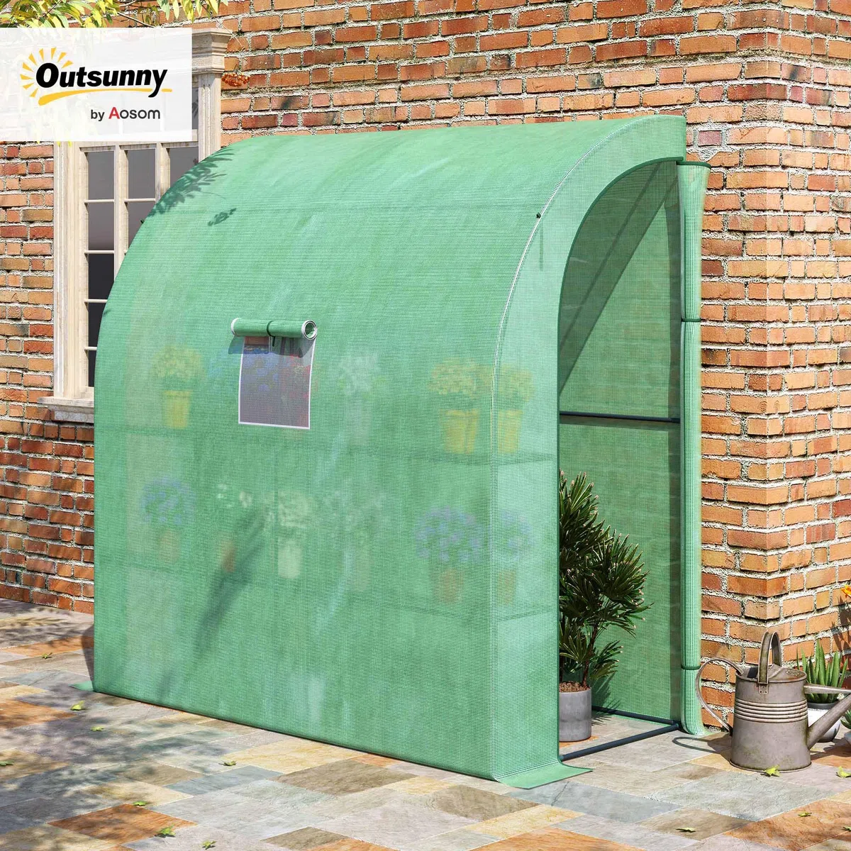 Outsunny Serra da Giardino Addossata 200x100x215cm a 3 Livelli, con 2 Porte Finestre Avvolgibili, Serra per Orto con Struttura in Acciaio e Copertura Plastica, per Orto Verdure Fiori, Verde