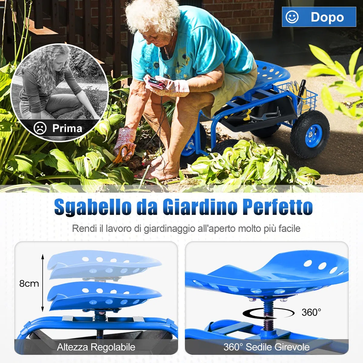 RELAX4LIFE Sgabello da Giardino per Esterno, Portata 130 kg, Sedia Carrello da Giardino con 4 Rotelline, Altezza Regolabile, Sgabello per Giardinaggio Potatura Orto (Blu)