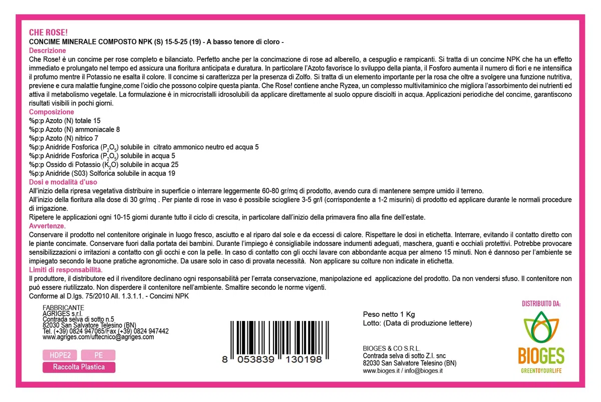 Che Rose! 1 kg Concime idrosolubile per Rose ad alberello, a cespuglio e rampicanti