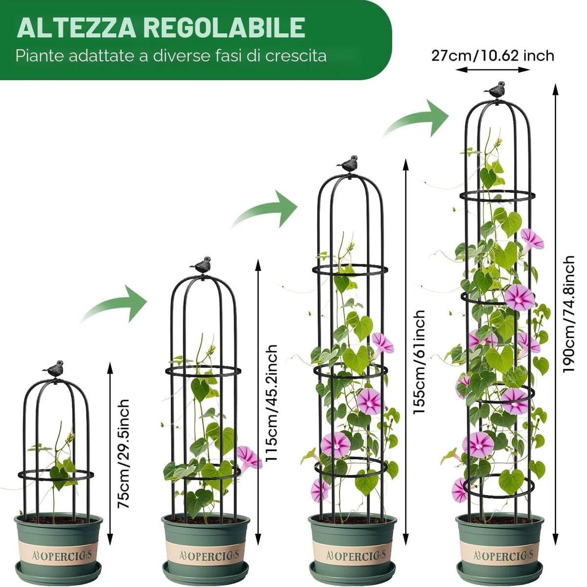 LATERN 1 Pezzi Traliccio da Giardino a Forma di Obelisco per Piante Rampicanti, 180CM Alto Struttura per Traliccio per Piante Rampicanti in Metallo per Vasi Pianta Rosa Pomodoro Cetriolo Fiori Pisello