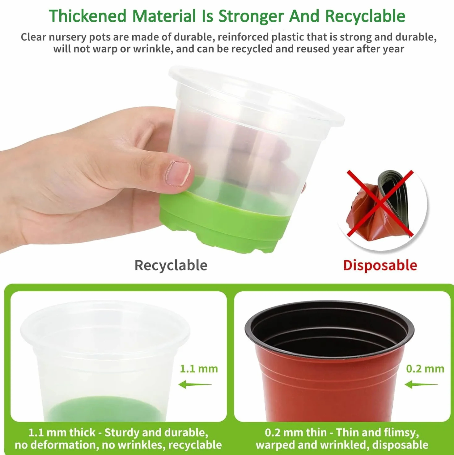 Vasi da coltivazione, 24 pezzi, 10 cm, trasparenti con base in silicone, Vasi per piante in plastica riutilizzabili, Vasi per piante trasparenti per piante grasse, Piantine per piante, Verde