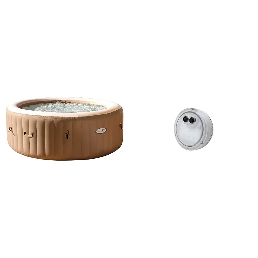 Intex 28428 Pure Spa Bubble Therapy, 216 X 71 Cm 6 Posti, Sabbia, con Pompa, Riscaldatore, Sistema Purificazione Acqua, Beige Classic & 28503 Luce A LED Multi-Color con Batteria per Bubble Spa