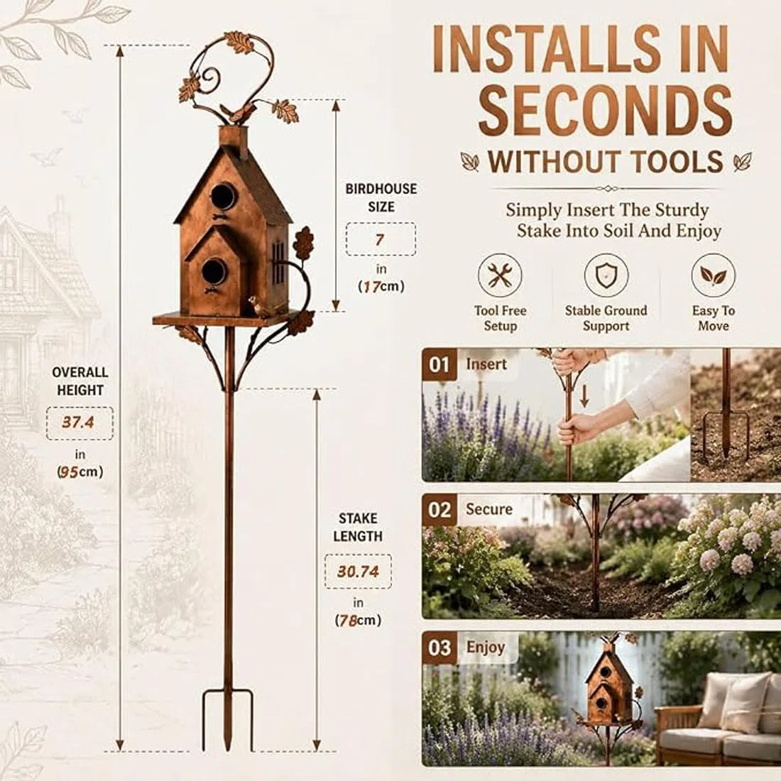 Paletto Da Giardino Con Casetta Per Uccelli In Ferro Fatta A Mano (5pcs) | Paletto Rustico Metallico Casetta Uccelli, Decor Giardino Per Aiuole, Portici, Vialetti, Recinzioni, Giardini Country