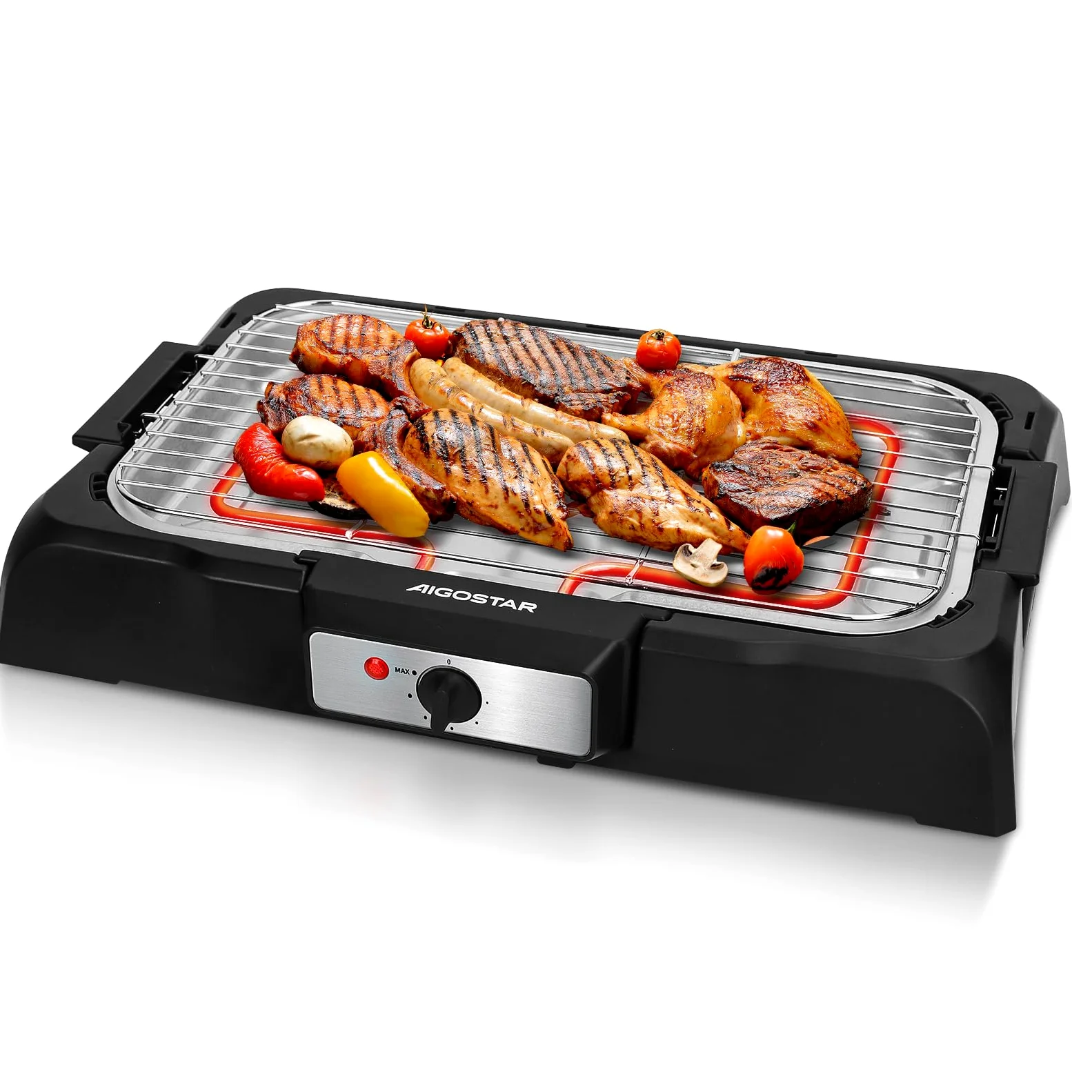 Aigostar Griglia Barbecue Elettrica da Tavolo, Griglia per Feste, Termostato Regolabile, Cottura Lenta e Rapida, Potenza 2000 W, Nero