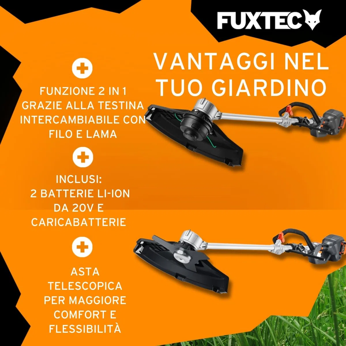 FUXTEC Decespugliatore a Batteria 2x20V FX-E2MSSET - Con 2xBatterie e Doppio Caricatore - Larghezza di Taglio 25,5-35cm, Lama e Filo, 10kg, Fino a 6000 giri/min