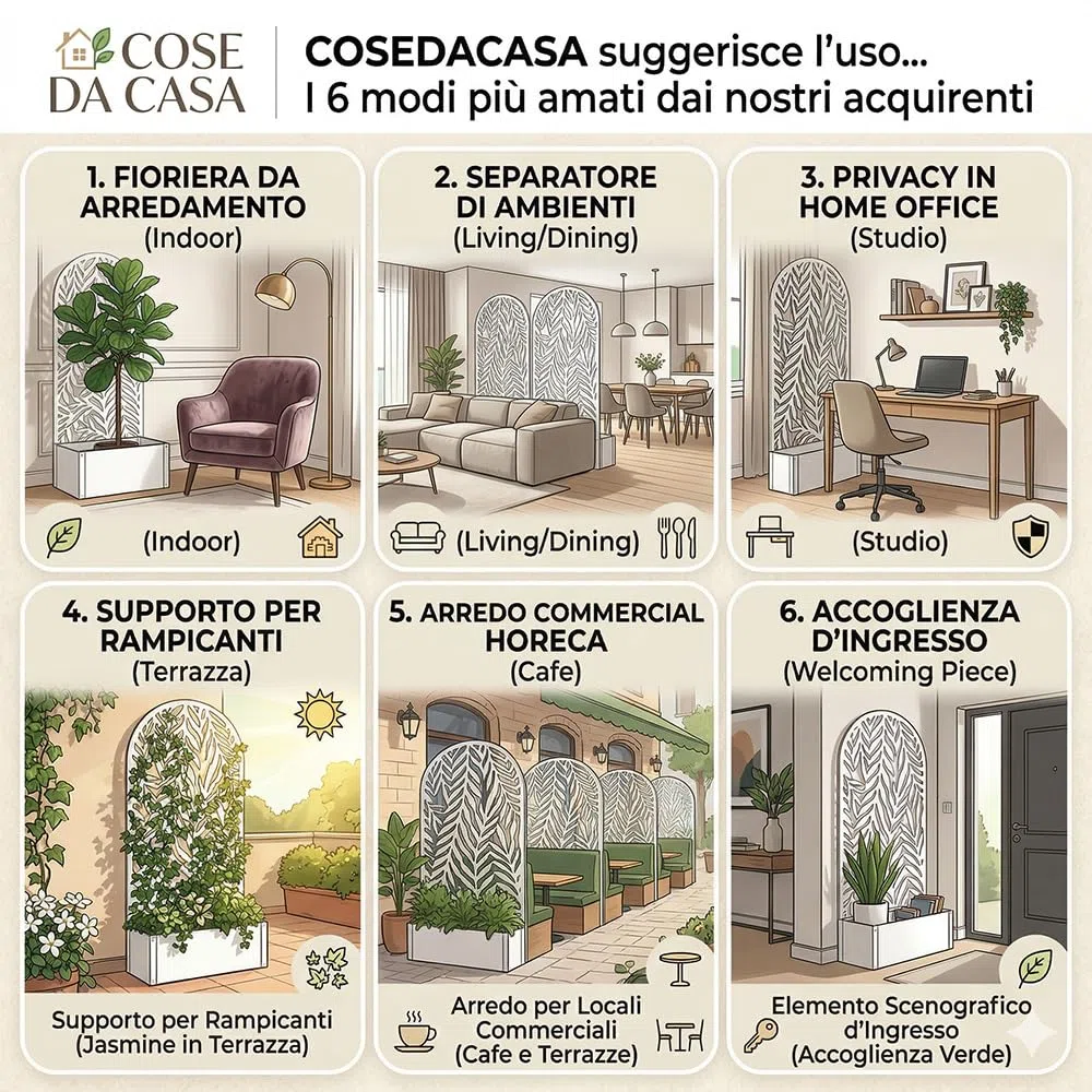 Fioriera in Metallo Bianca con Spalliera ad Arco per Piante Rampicanti Pannello Divisorio Privacy e Separatore per Esterno e Interno L90xP33x alta 180 cm Design Elegante e Moderno separe'