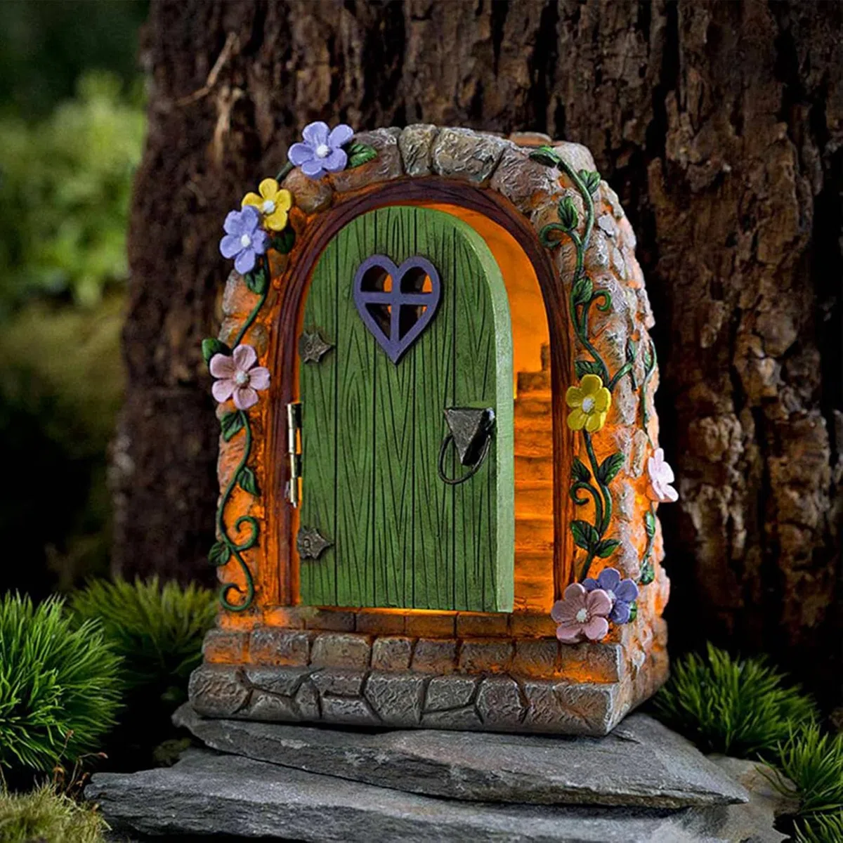Statue da Giardino Solare con Luce Calda,Porta Delle Fate,LED Gnomo in Miniatura per la Casa in Ornamentale di Giardino Fatato Door,Elfo Folletto Sculture di Alberi Yard Decorazione per Esterni