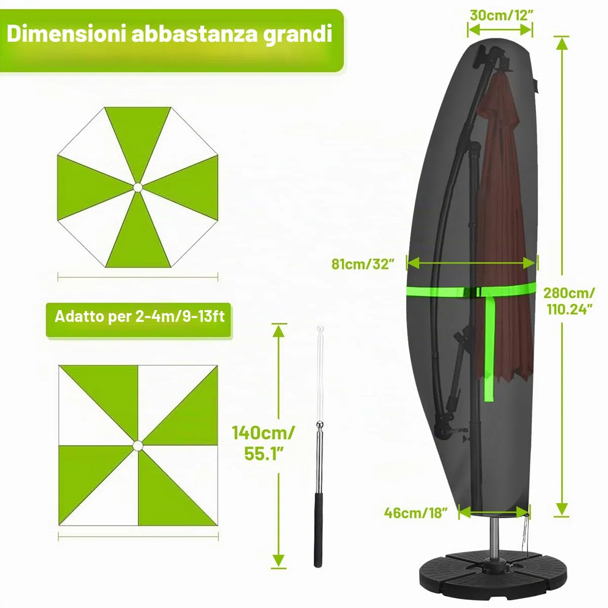 GEMITTO Copertura Protettiva per Ombrellone (Diametro 2-4 m) da Giardino Impermeabile, con Cerniera Impermeabile (280 x30/81/45cm, 420D)