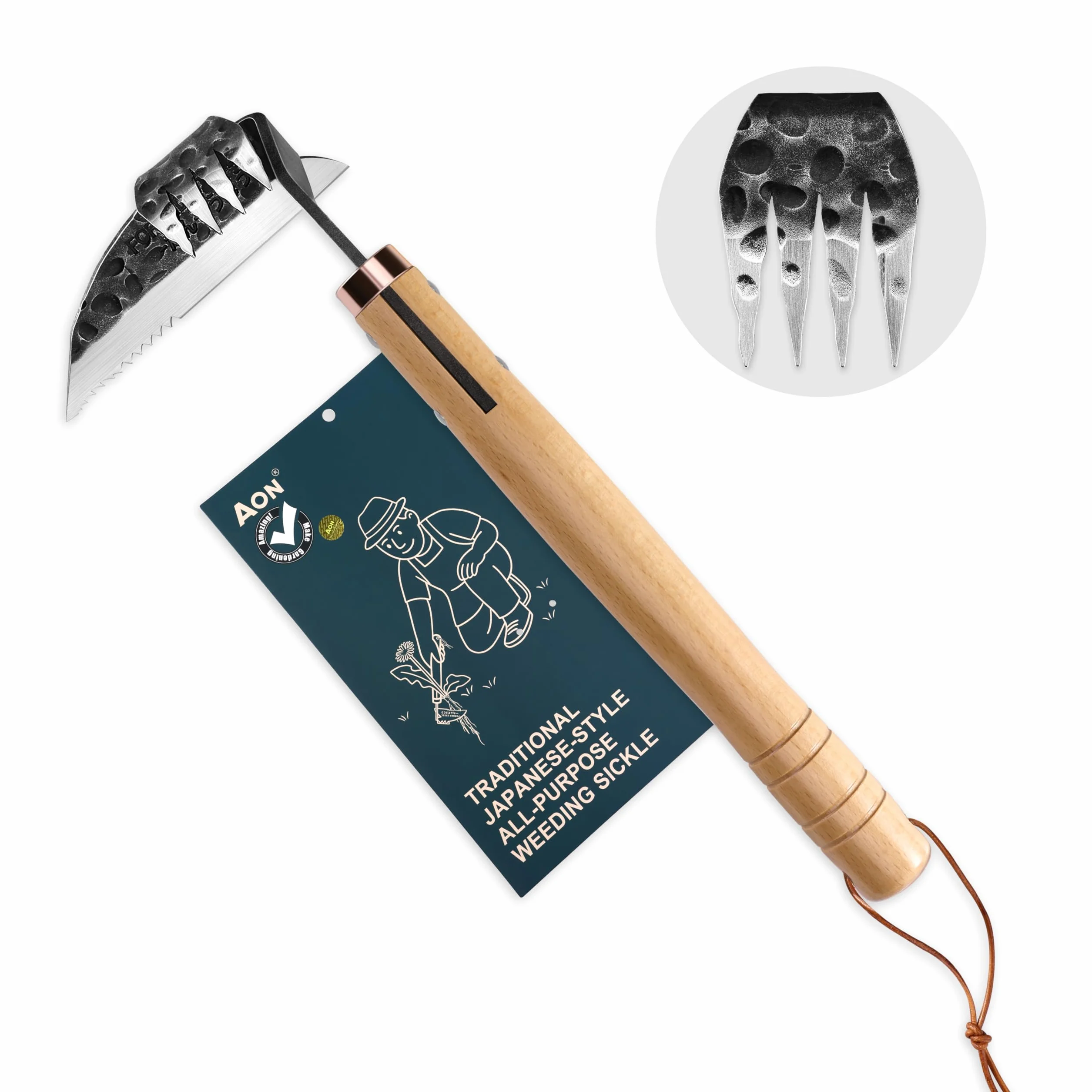 aon Giapponese Estirpatore Erbacce Manuale & Zappetta da Giardino, Acciaio Forgiato con Bordo Affilato e 4 Denti per Diserbare, Togliere Erbacce e Lavorare Terreno in Orto, Giardino e Aiuole Rialzate