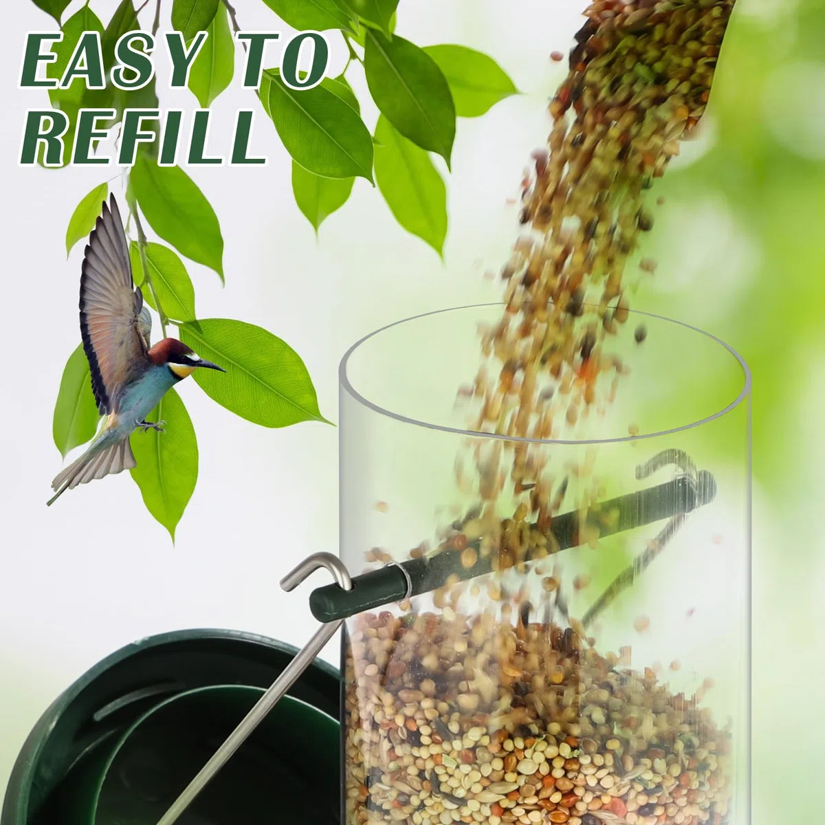 FEED GARDEN Confezione da 2 mangiatoie per uccelli da appendere all'aperto, 4 porte, in plastica rigida di alta qualità, antiruggine, coperchio e base in metallo resistente, idea regalo, 21 cm, verde
