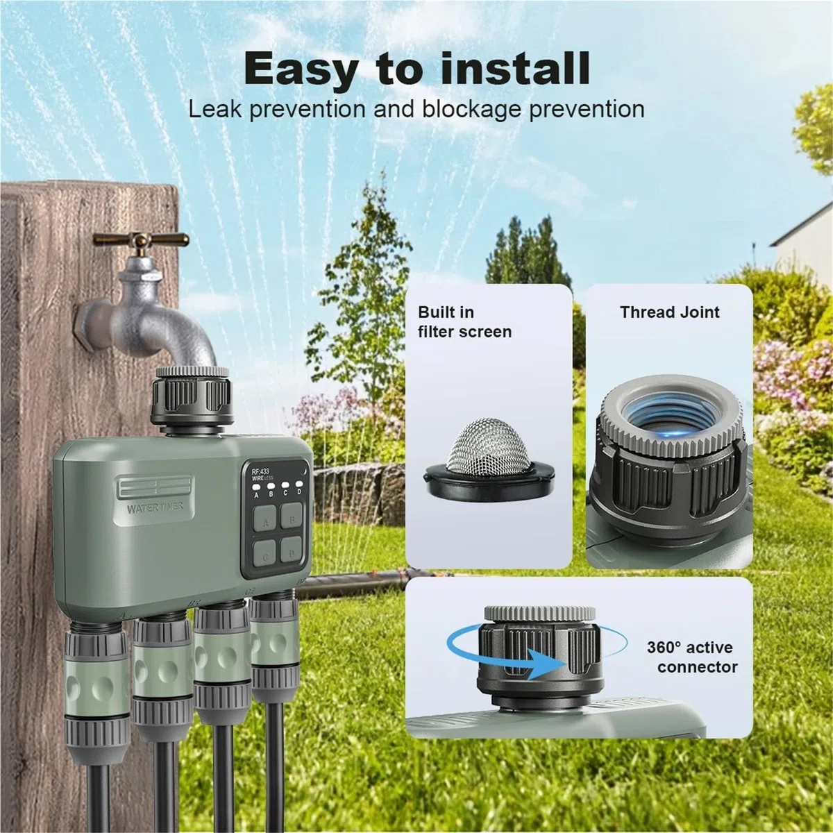 Wifi + RF433 Smart Garden Sprinkler Water Timer 4-Outlet Rain Delay Filtro Programmabile Controller automatico di irrigazione
