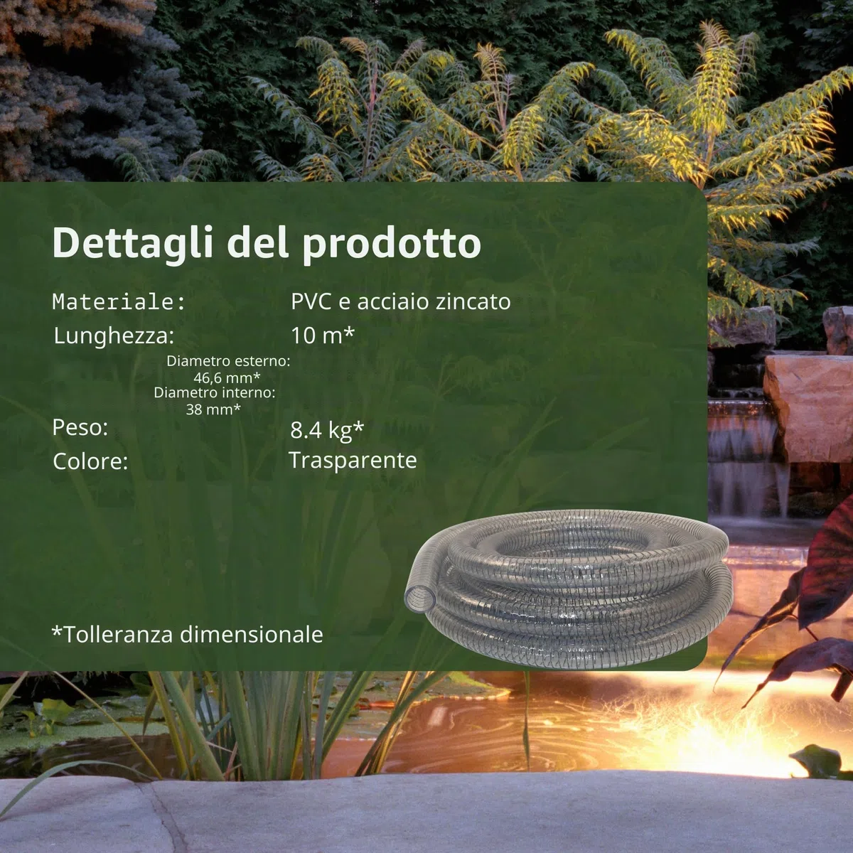 Tubo a spirale in PVC, tubo di aspirazione a pressione e tubo di trasporto, 38 mm/10 m, trasparente