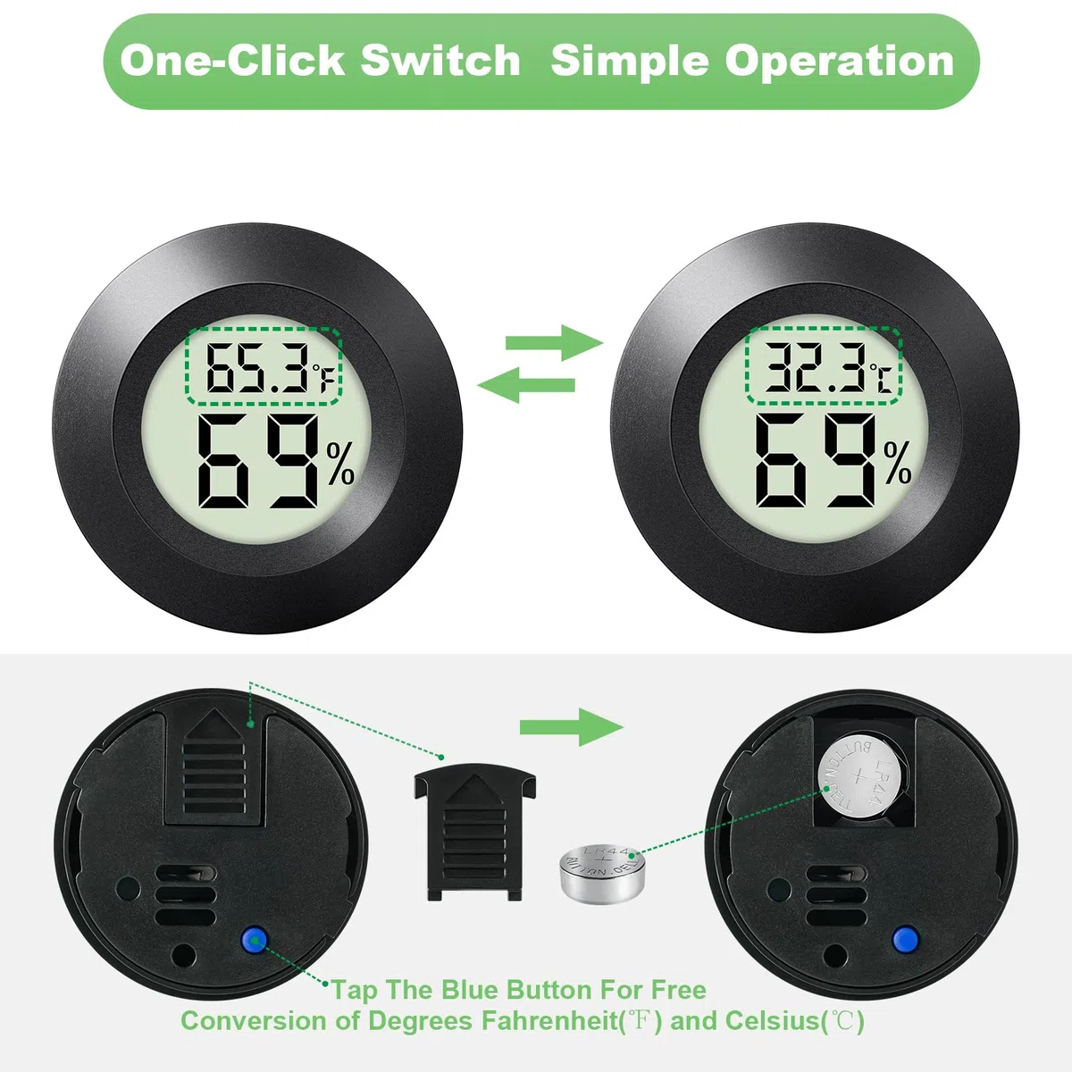 Confezione da 4 mini igrometro termometro per interni ed esterni, misuratore di umidità rotondo, piccolo termometro digitale LCD, misuratore di temperatura, sensore di umidità (℉) o (℃) per