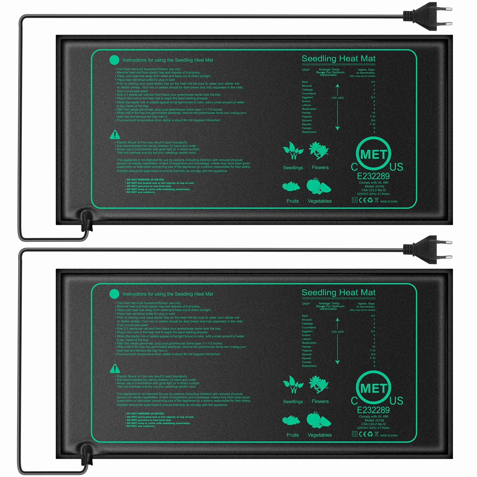 2PCS Tappetino riscaldante per piantine, 20W Tappeto Riscaldante per Piante, Piastra Riscaldante per Giardinaggio Serra, Rettile Anfibio Pet Tappetino Termico, Impermeabile IPX7, 25 x 52.5 cm