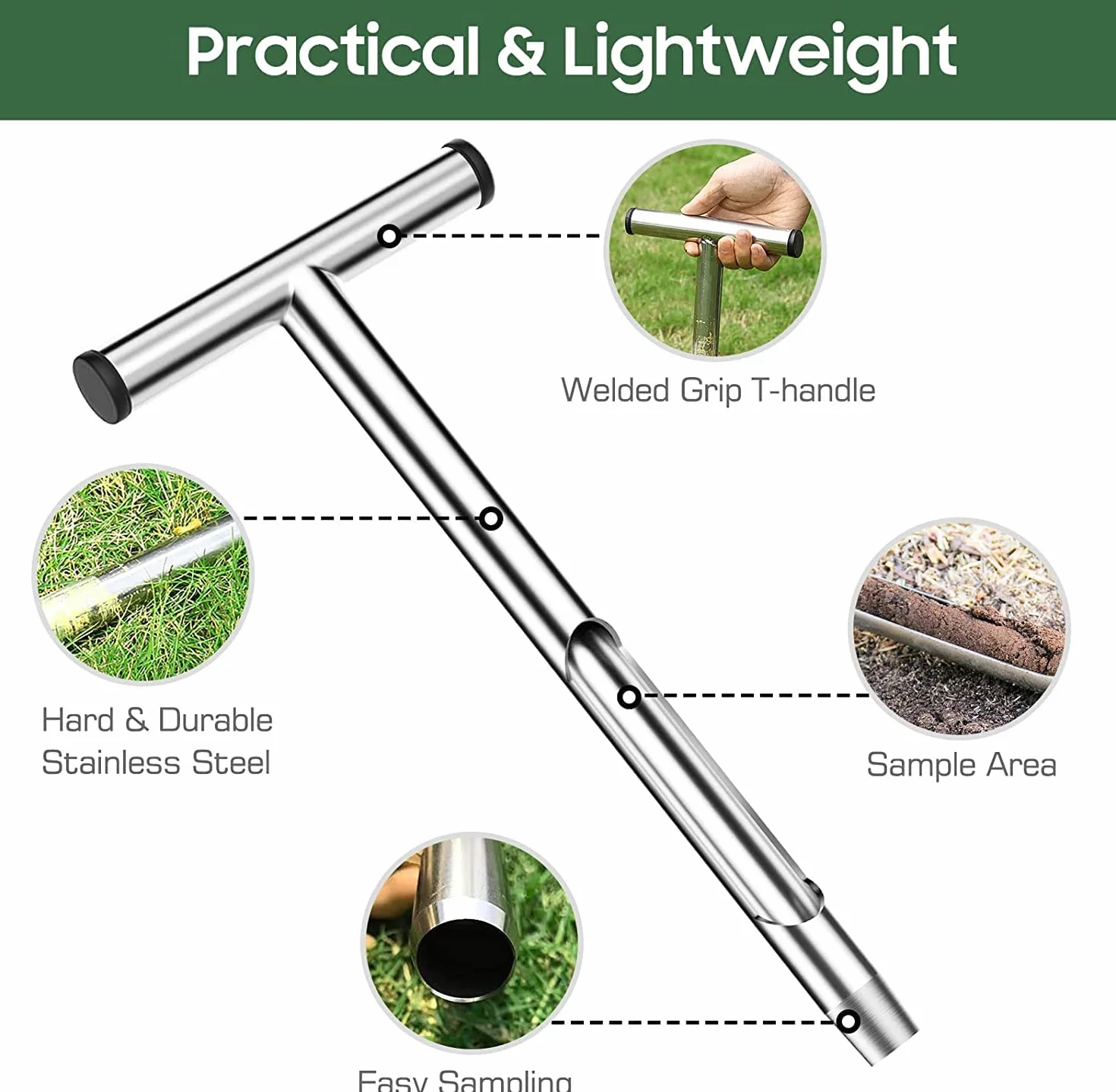 Wakects Soil Sampler Sonda 51 cm, Sonda per Campionamento del Suolo in Acciaio Inox, T-Style Manico, Sampler per Sonda da Suolo per Mazze da