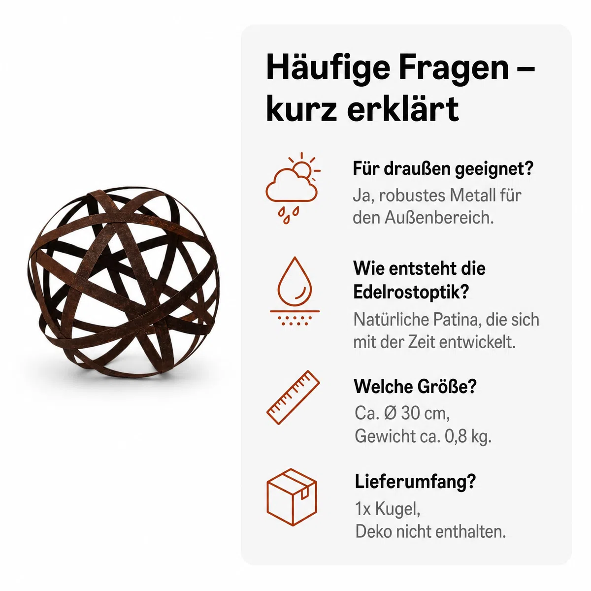 Rostdeko & Decorazione da giardino Sfera (S) in metallo – Decorazione rustica per giardino e terrazza, design semplice, 30 x 30 x 30 cm, effetto ruggine decorativo
