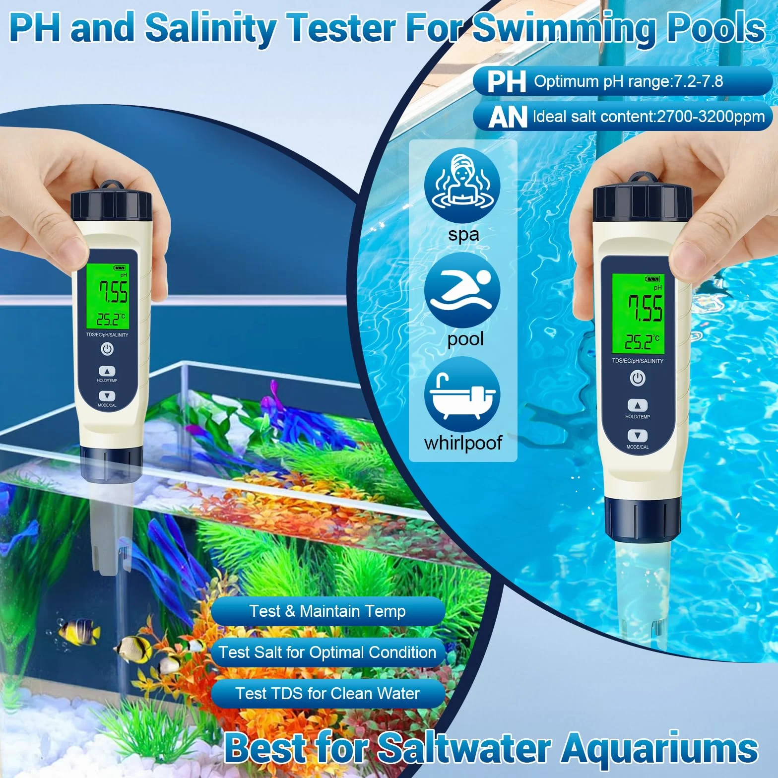 Tester digitale di qualità dell'acqua 5 in 1, PH/TDS/EC/Salinità/Termometro, Schermo LCD con compensazione automatica della temperatura, Tester dell'acqua per acqua potabile, acquario, piscina