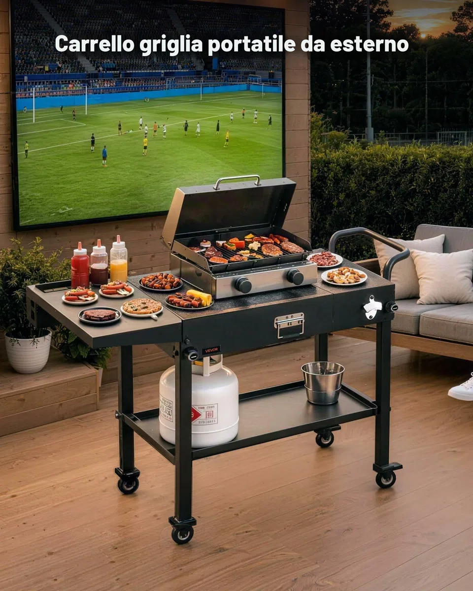 VEVOR Carrello per Griglia da Esterno Tavolo da Griglia da 787 x 432 mm Pieghevole per Esterni con Porta Fazzoletti, Ganci, Ruote, Tavolino Laterale, Tavoli per la Preparazione del Barbecue