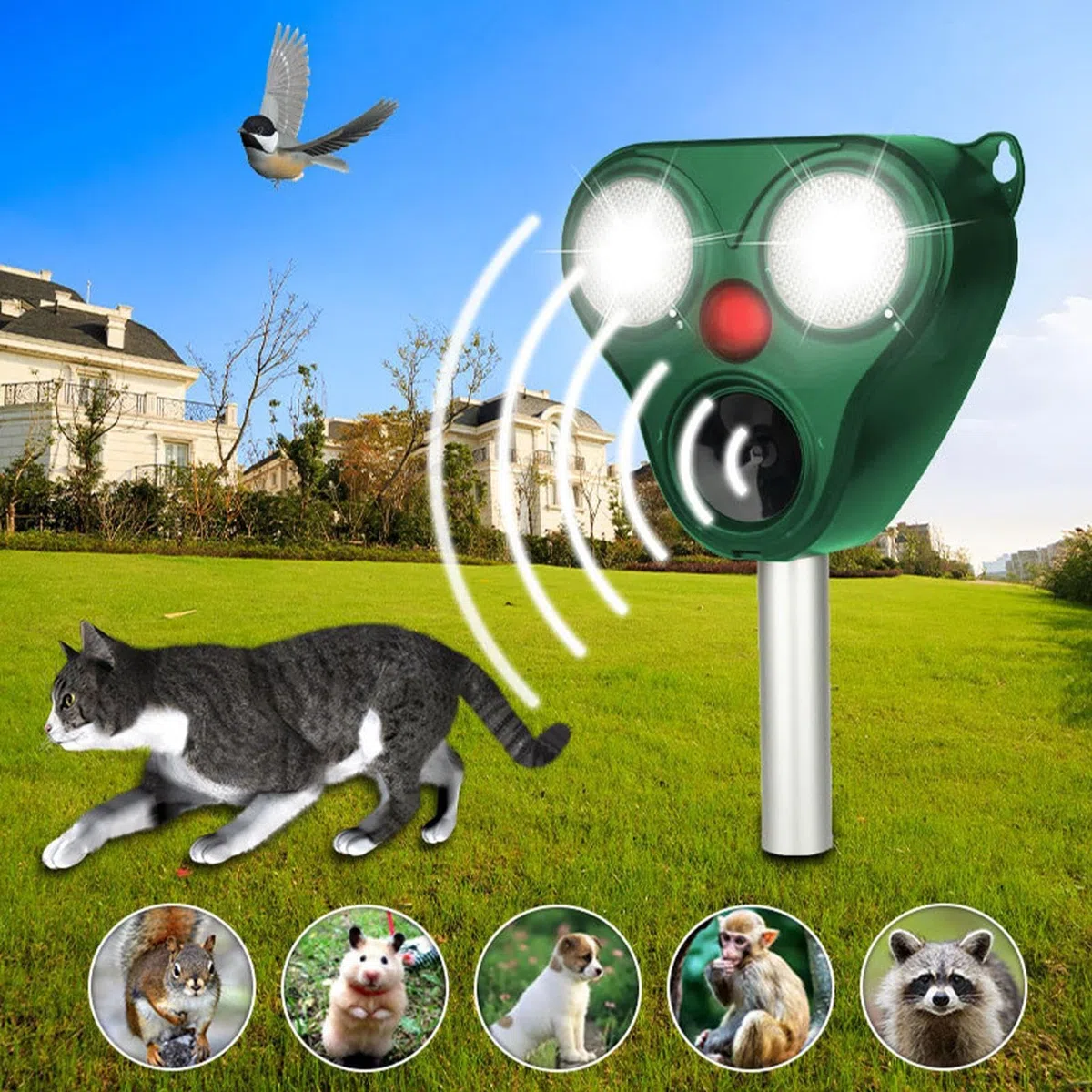 Repellente per animali ad energia solare, repellente ad ultrasuoni per uccelli e topi, dispositivo esterno impermeabile con luci LED per cortile, giardino e fattoria