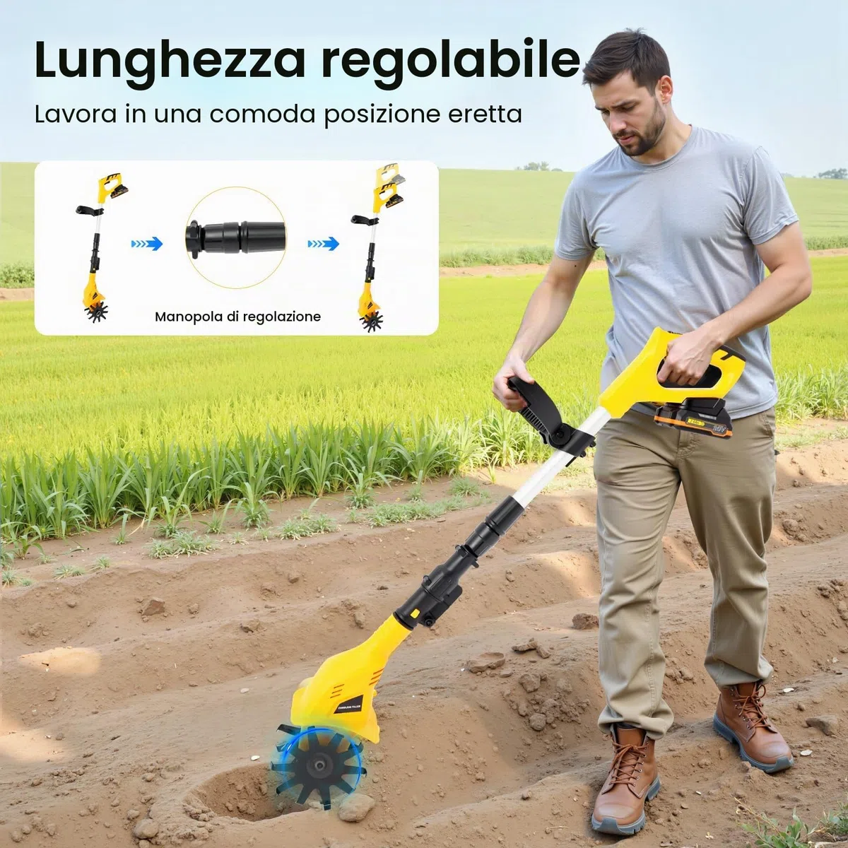 Motozappa, fresa da giardino, motozappa elettrica con batteria e caricatore, manuale regolabile a batteria, profondità di taglio 25 cm, per giardino e prato