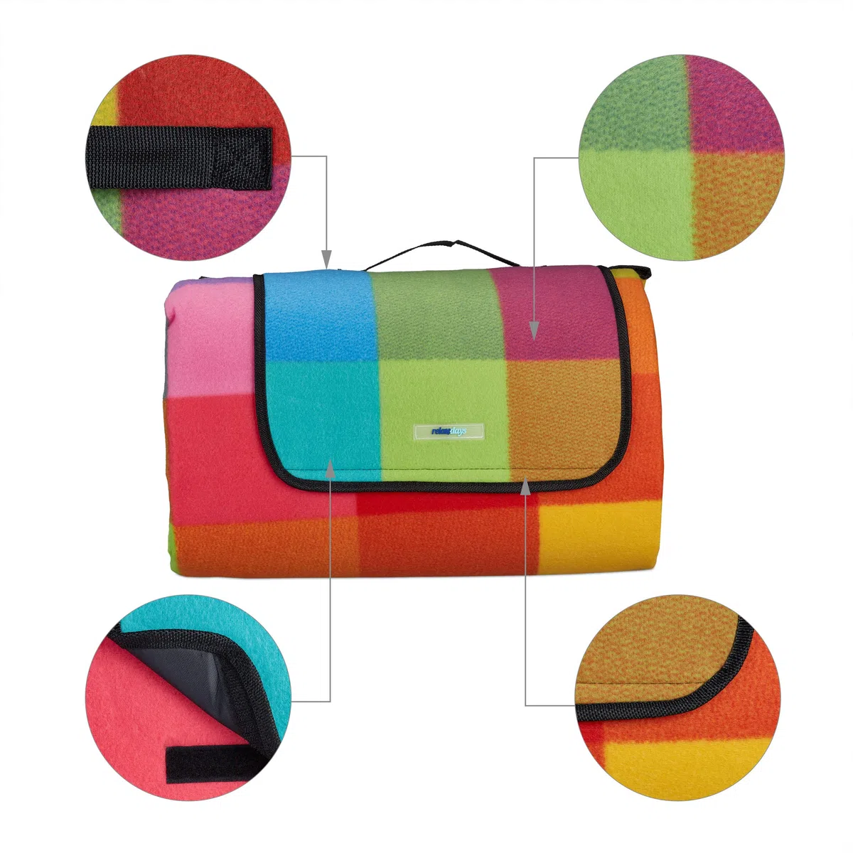 Relaxdays Coperta da Picnic XXL, 200 x 300 cm, Plaid Impermeabile Spiaggia, Isolante, Telo Morbido con Manico, Colorato