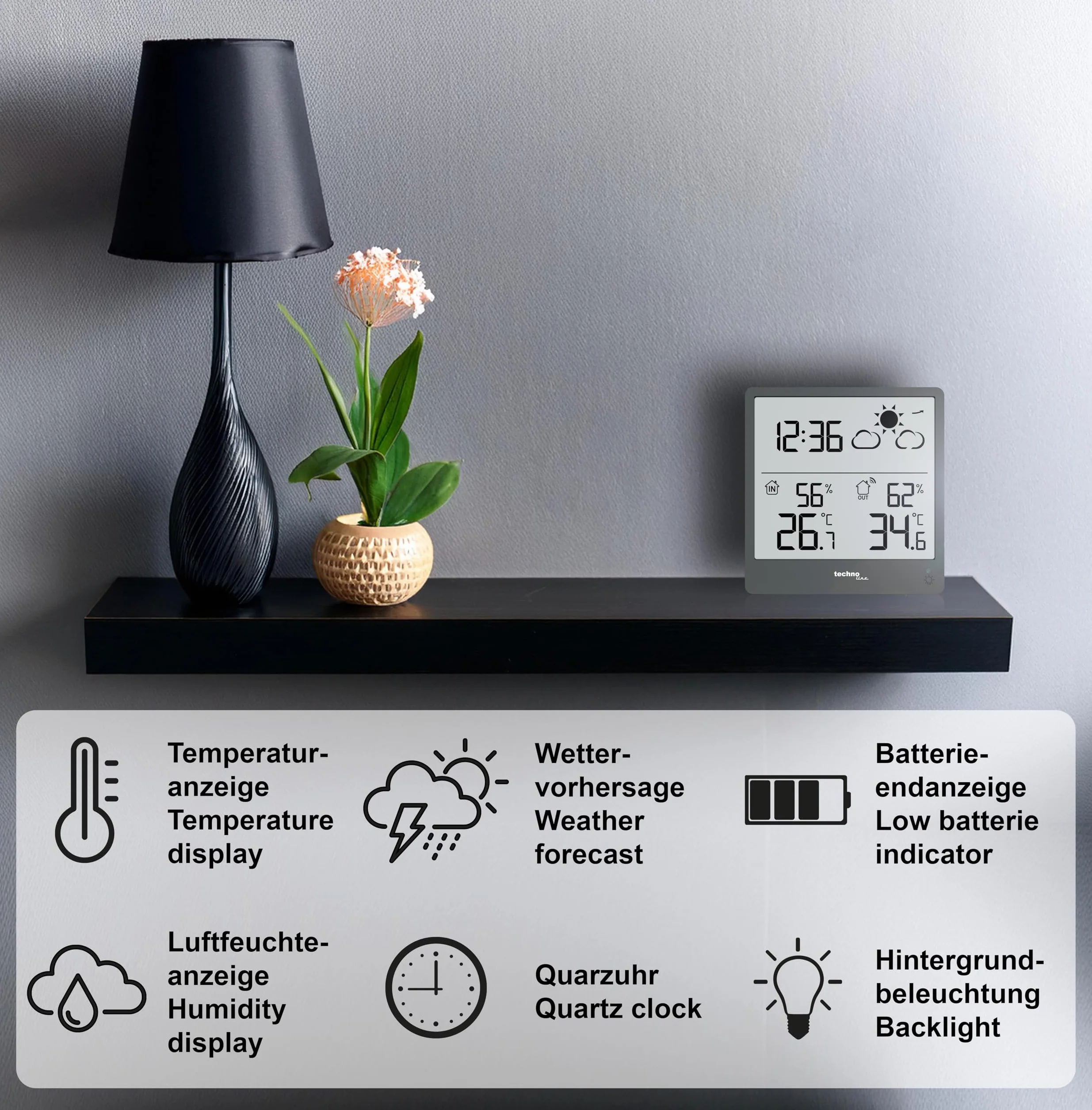 WS9138 - Statazione meteo moderna, piccola con previsioni meteo e tendenza meteo, temperatura interna ed esterna, illuminazione interfondo, display LCD trasparente senza sfocatura del display
