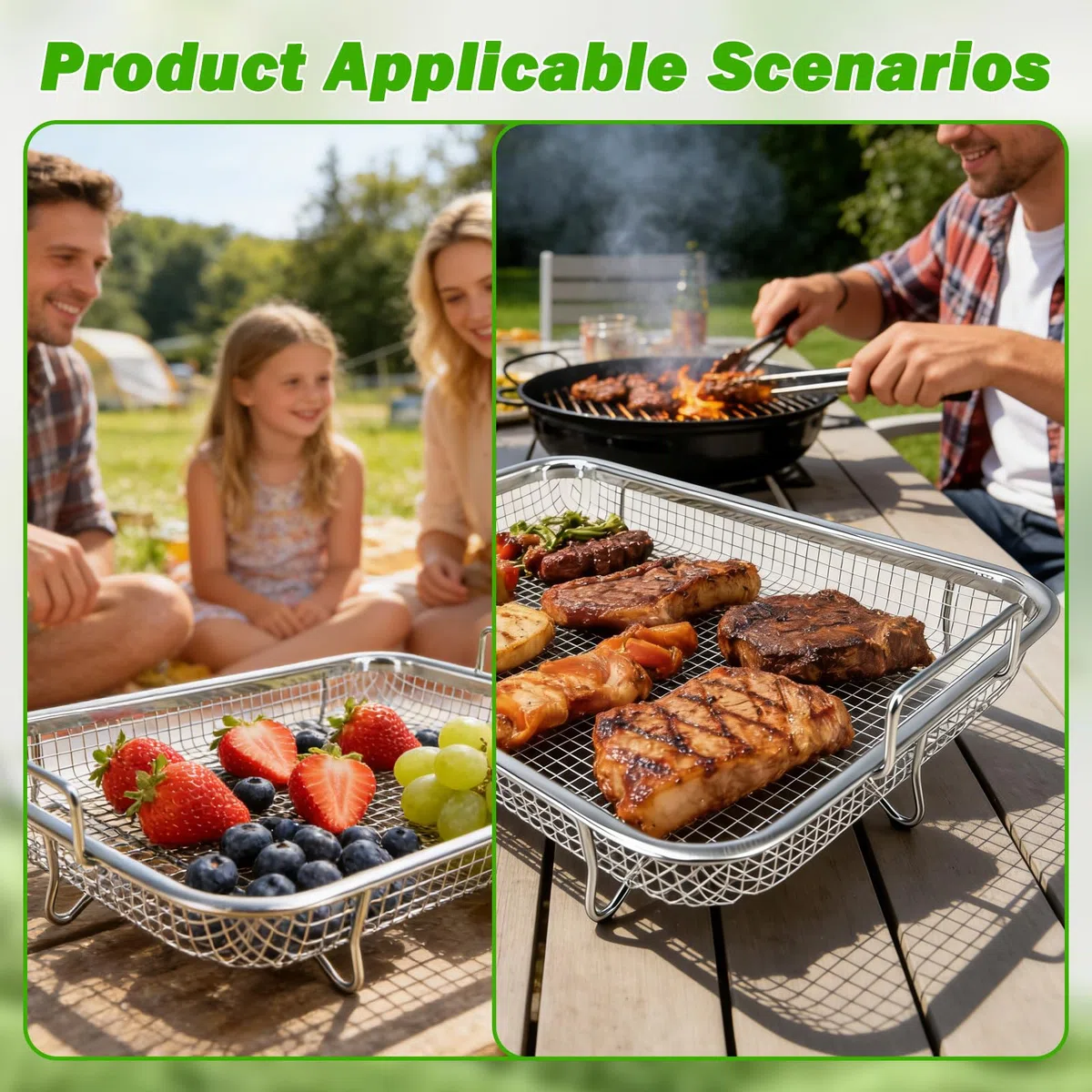 2 cestini per barbecue in acciaio inox con maniglia, cestino da forno, teglia con griglia di raffreddamento, per verdure pollo e pesce grigliare e raffreddare