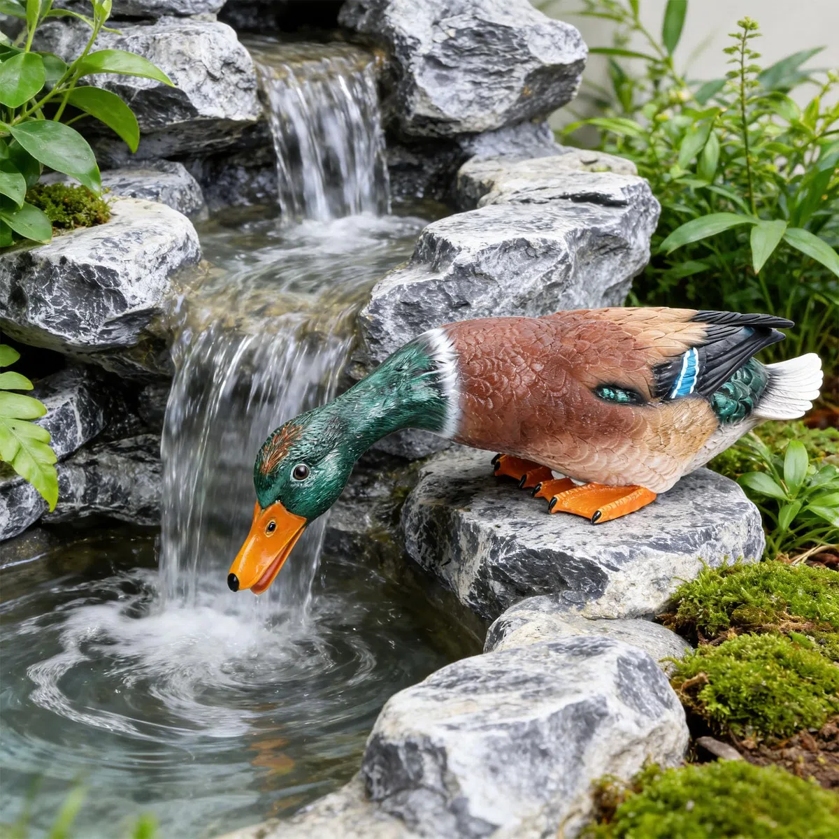 Statua in resina di anatra germano reale dipinta a mano con testa verde, statuetta di acqua potabile, durevole decorazione da giardino all'aperto per patio, prato, portico, regalo