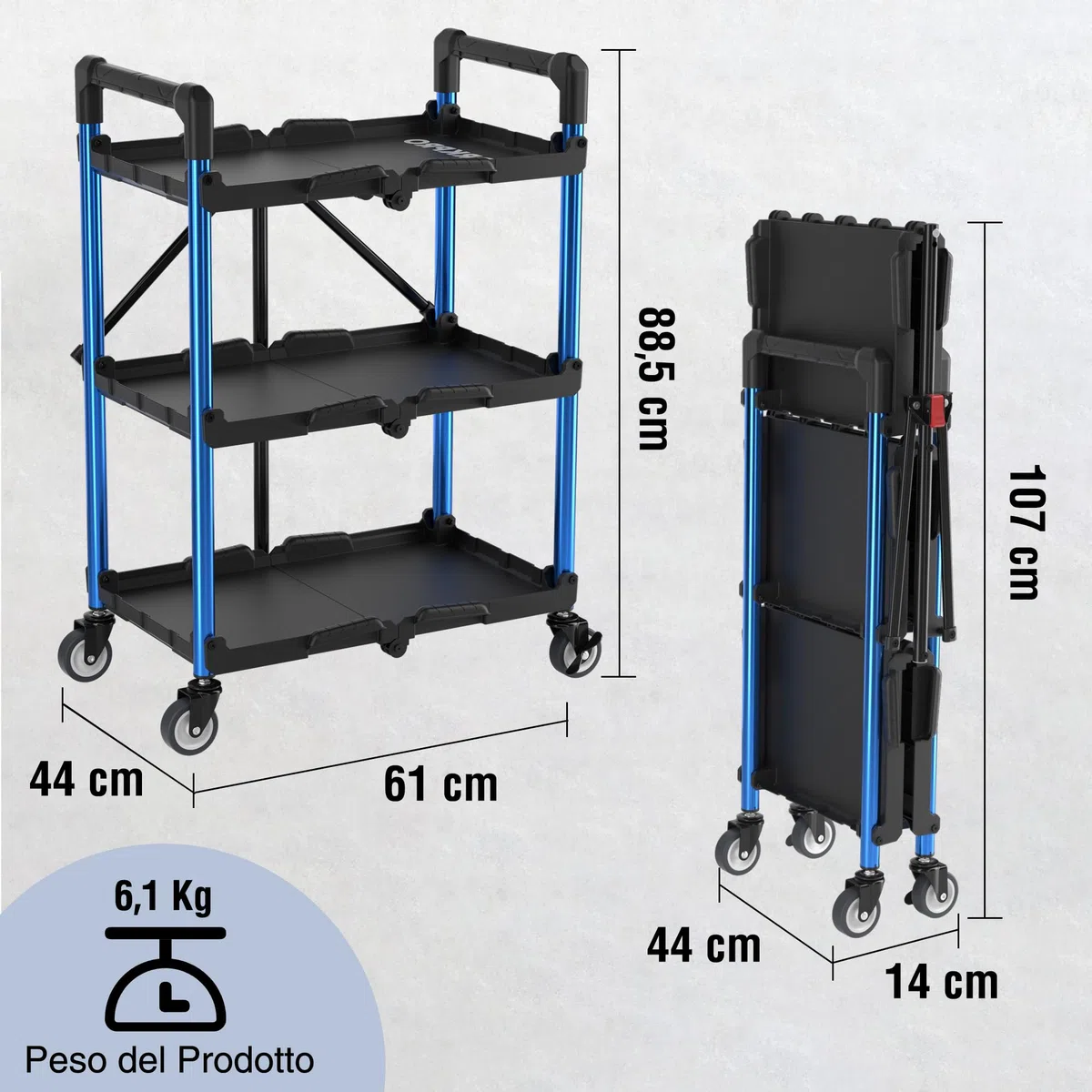 WORKPRO Carrello Pieghevole con Ruote a 3 Strati, Carrello Porta Attrezzi Multifunzione con 4 Ruote (2 con Freno) Carico di 32 kg, Ideale per Garage, Magazzini, Uffici(Non Necessita di Installazione)